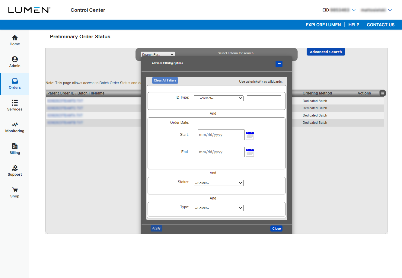 Preliminary Order Status (showing Advanced Search)