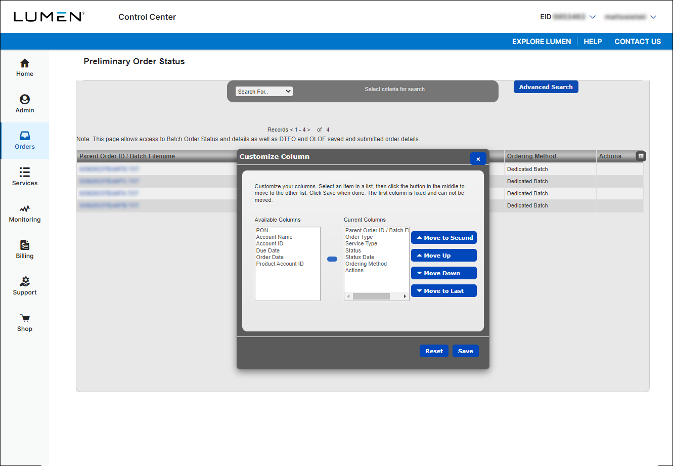 Preliminary Order Status (showing Customize Columns)