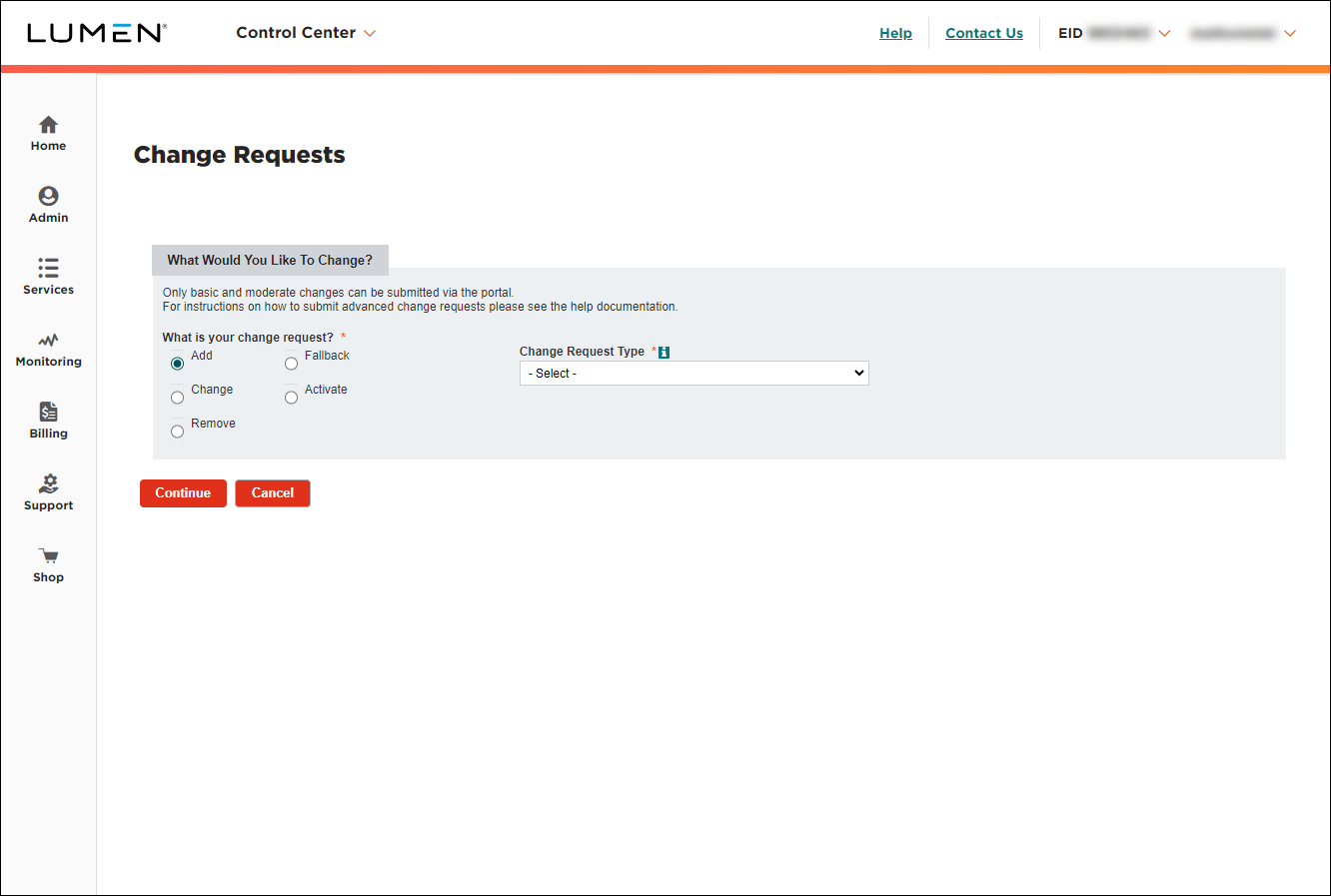 Change Requests (Managed Network Services selected)