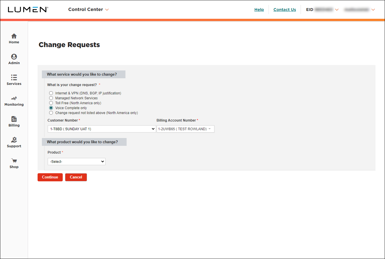 Change Requests (New Change Request for Voice Complete with customer number and billing account selected)