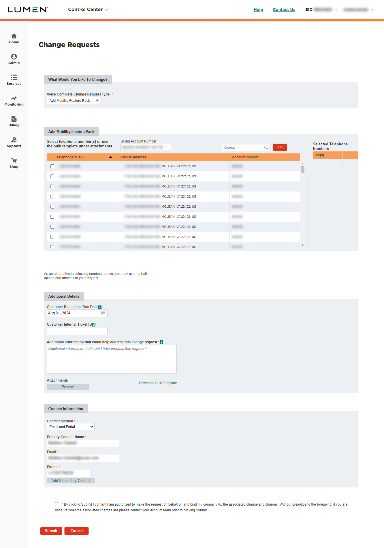 Change requests voice complete change request type add mobility feature pack selected