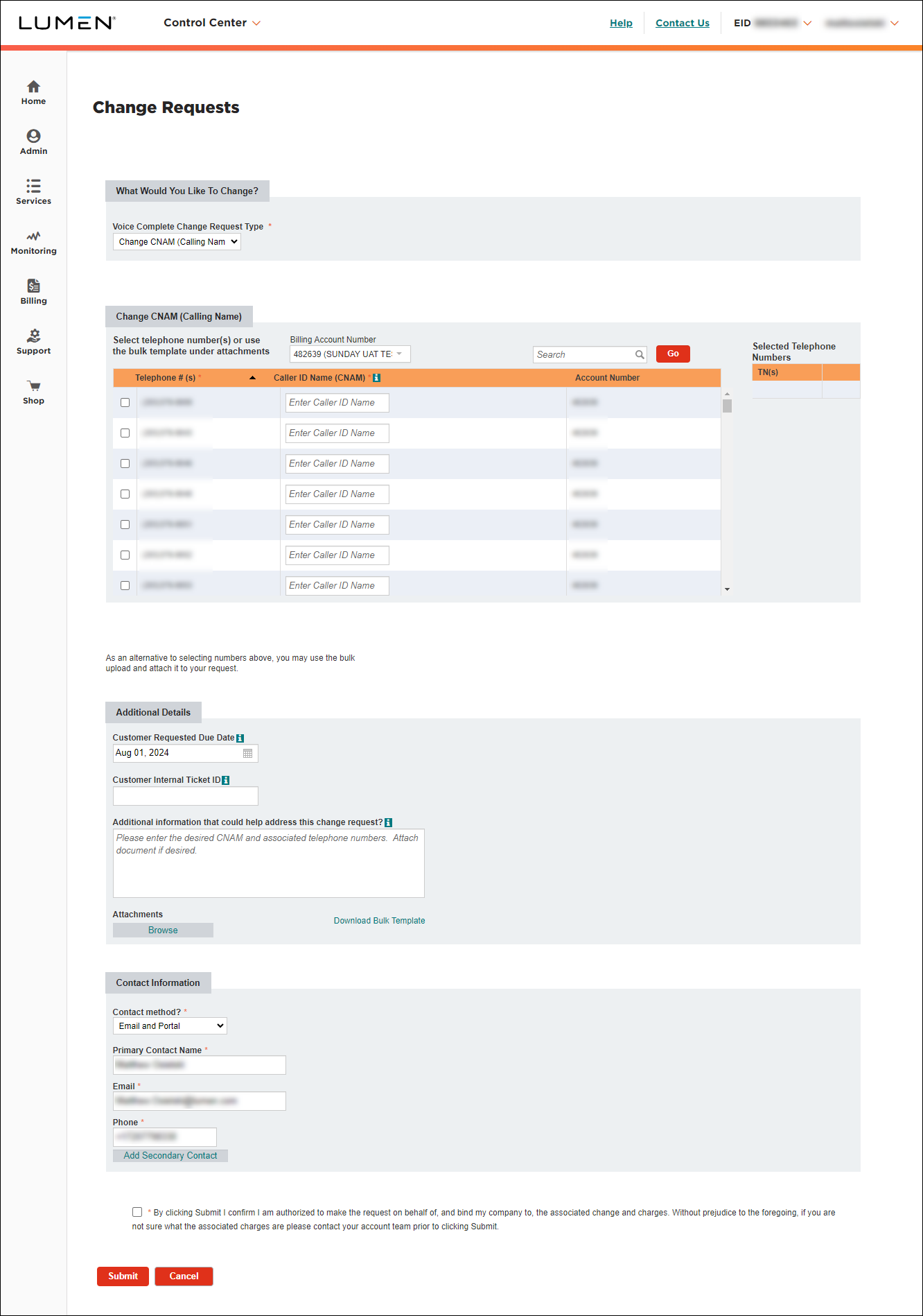 Change requests voice complete change request type change cnam selected