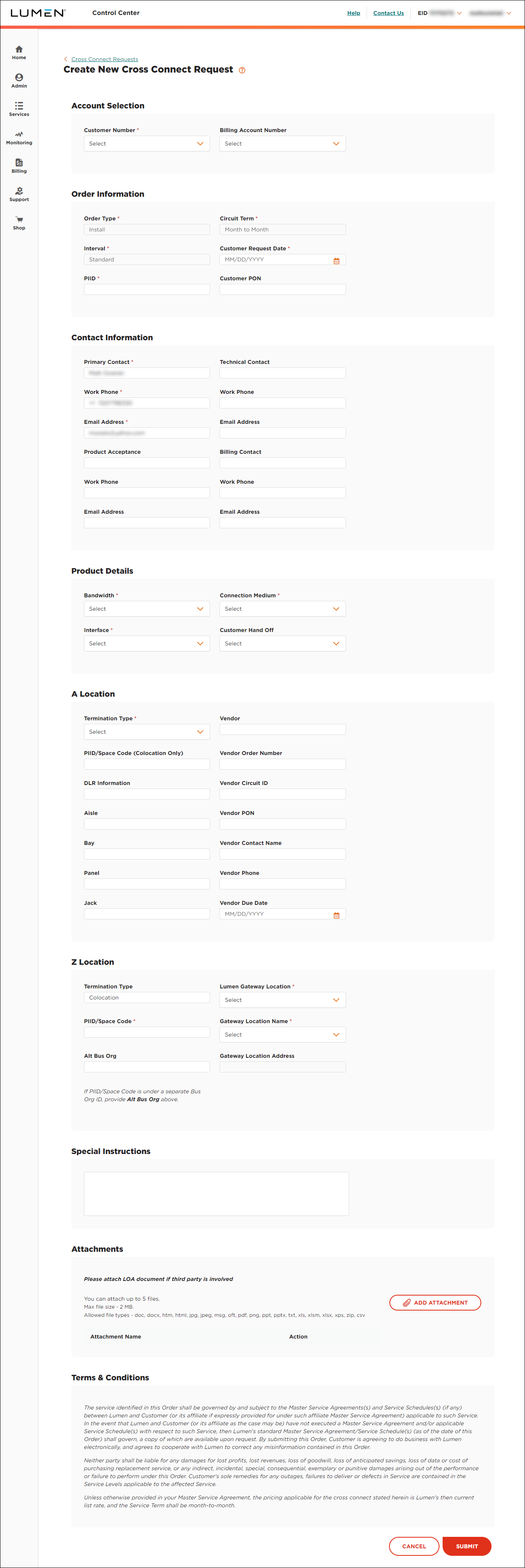 Create New Cross Connect Request