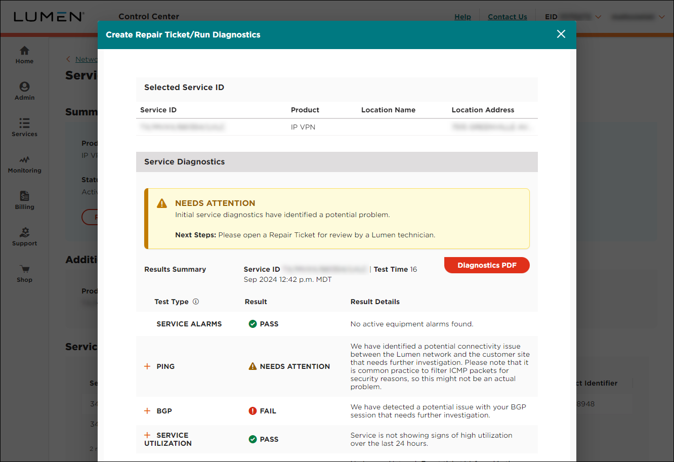 Create New Repair Ticket/Run Diagnostics (showing Service Diagnostics section)