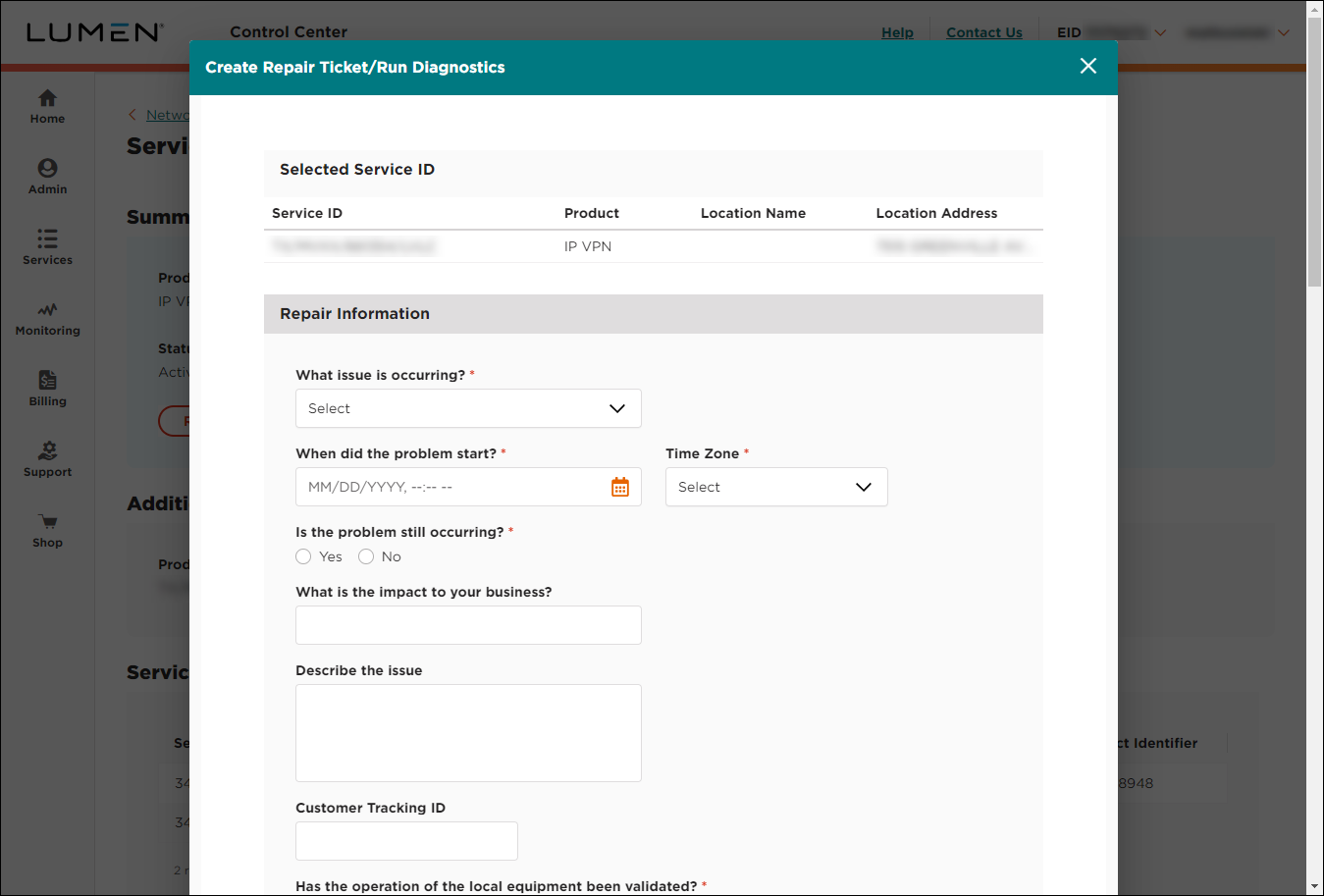 Create New Repair Ticket/Run Diagnostics (showing Repair Information section)