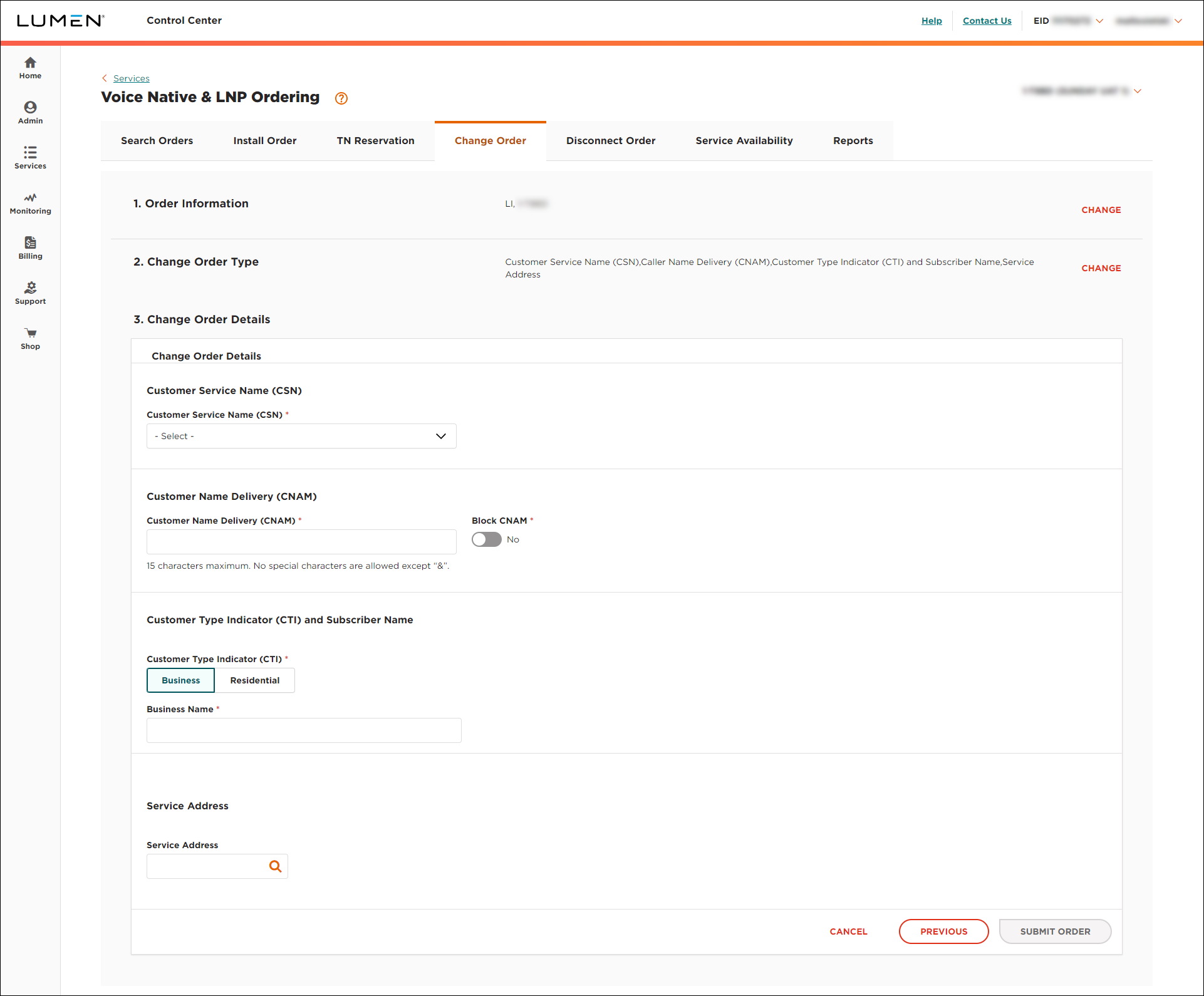 Voice Native & LNP Ordering (showing Change Order tab and Change Order Details section for LI)