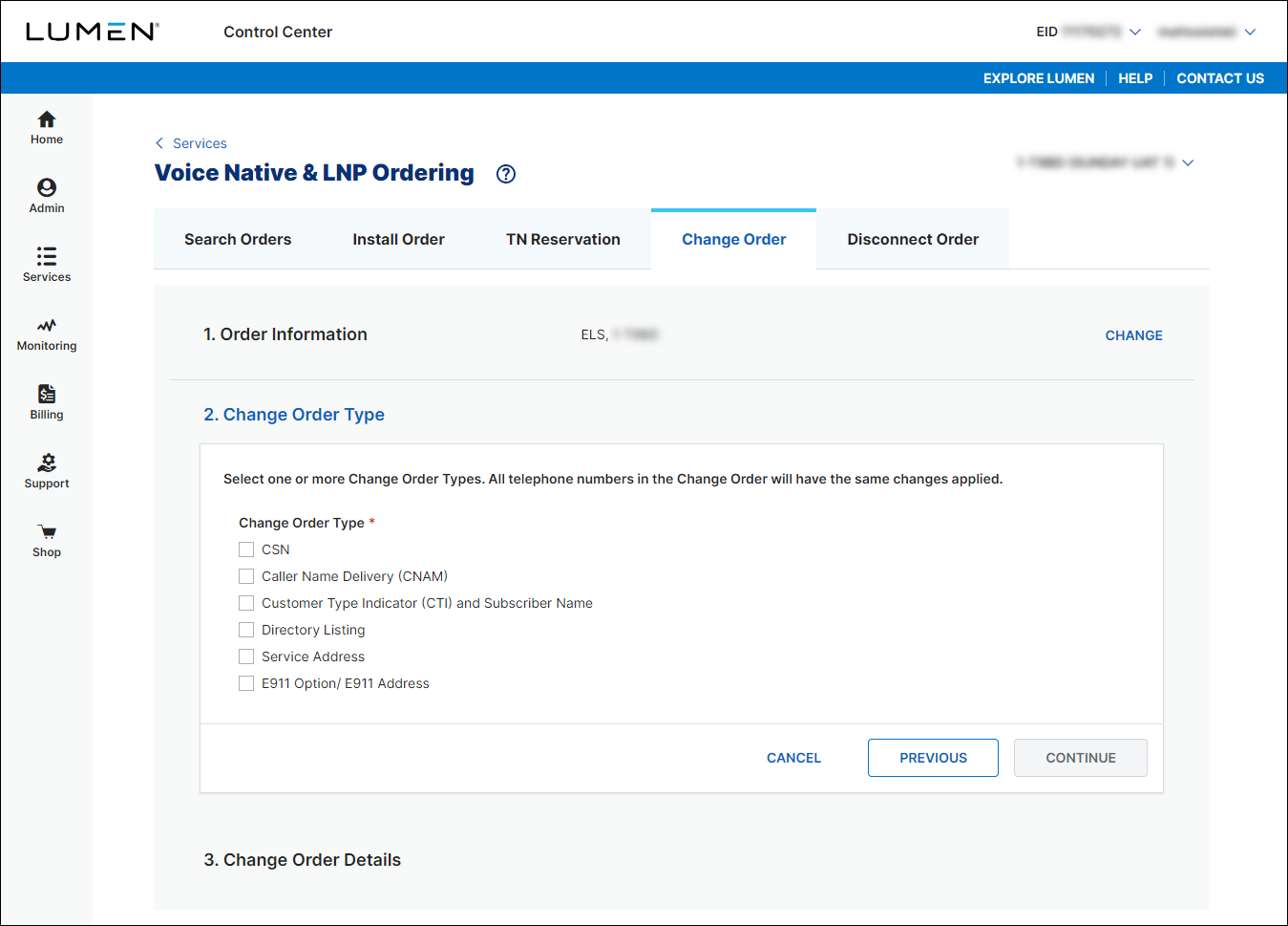 ELS & LI Management (showing Change Order tab and Change Order Type section for ELS)