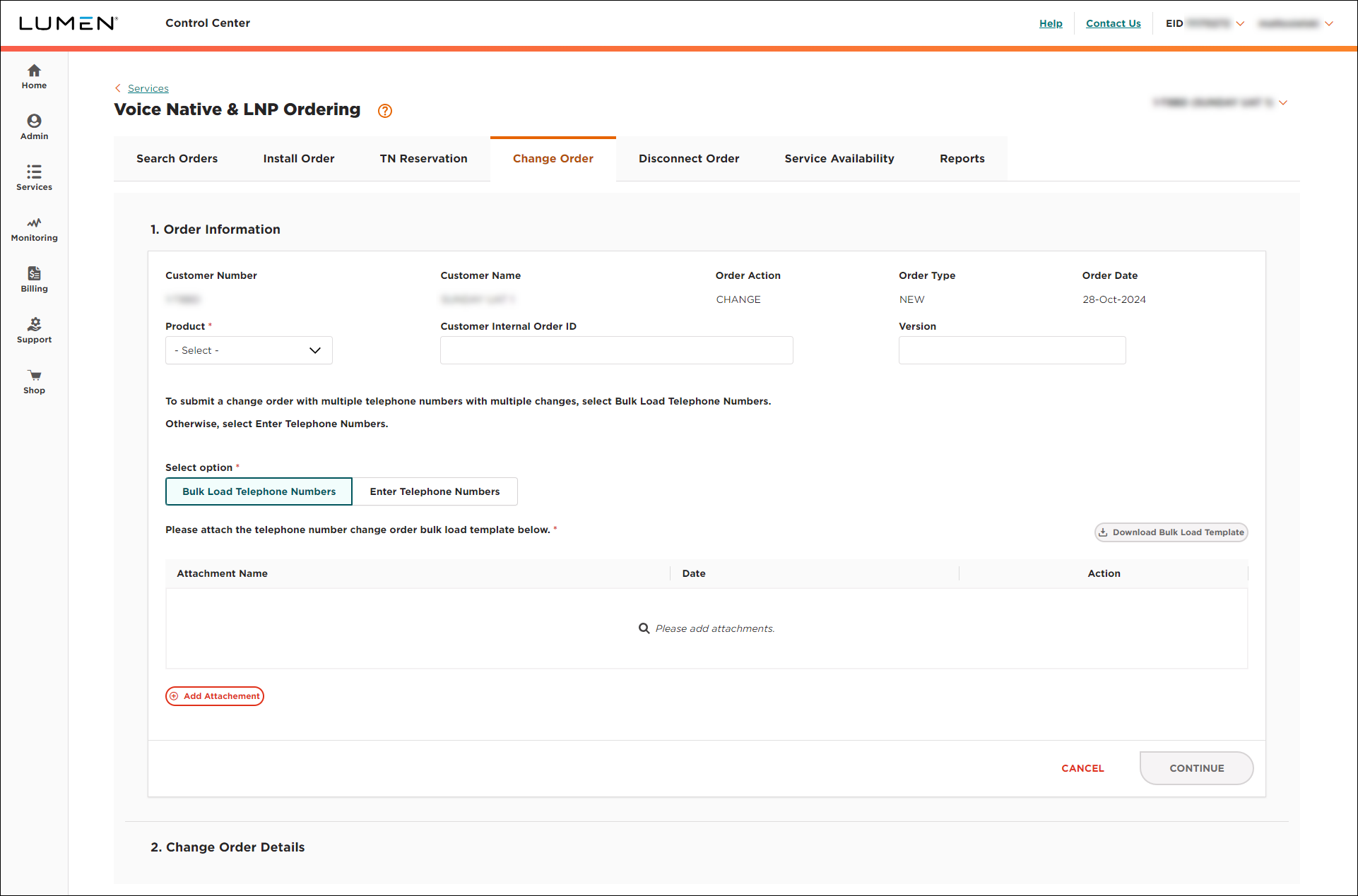 Voice Native & LNP Ordering (showing Change Order tab)