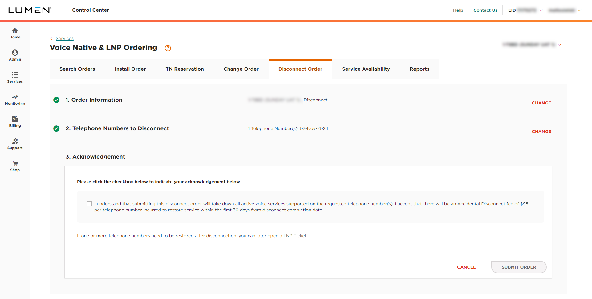 Voice Native & LNP Ordering (showing Disconnect Order tab and Acknowledgement section for LI)