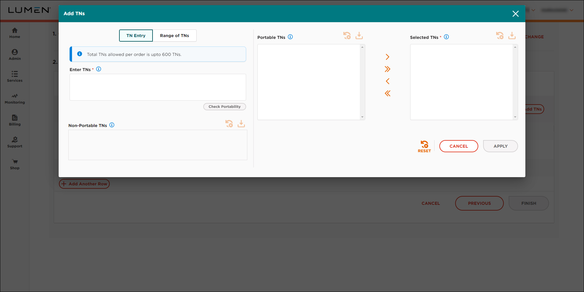 Voice Native & LNP Ordering (showing Add TNs window for port orders)