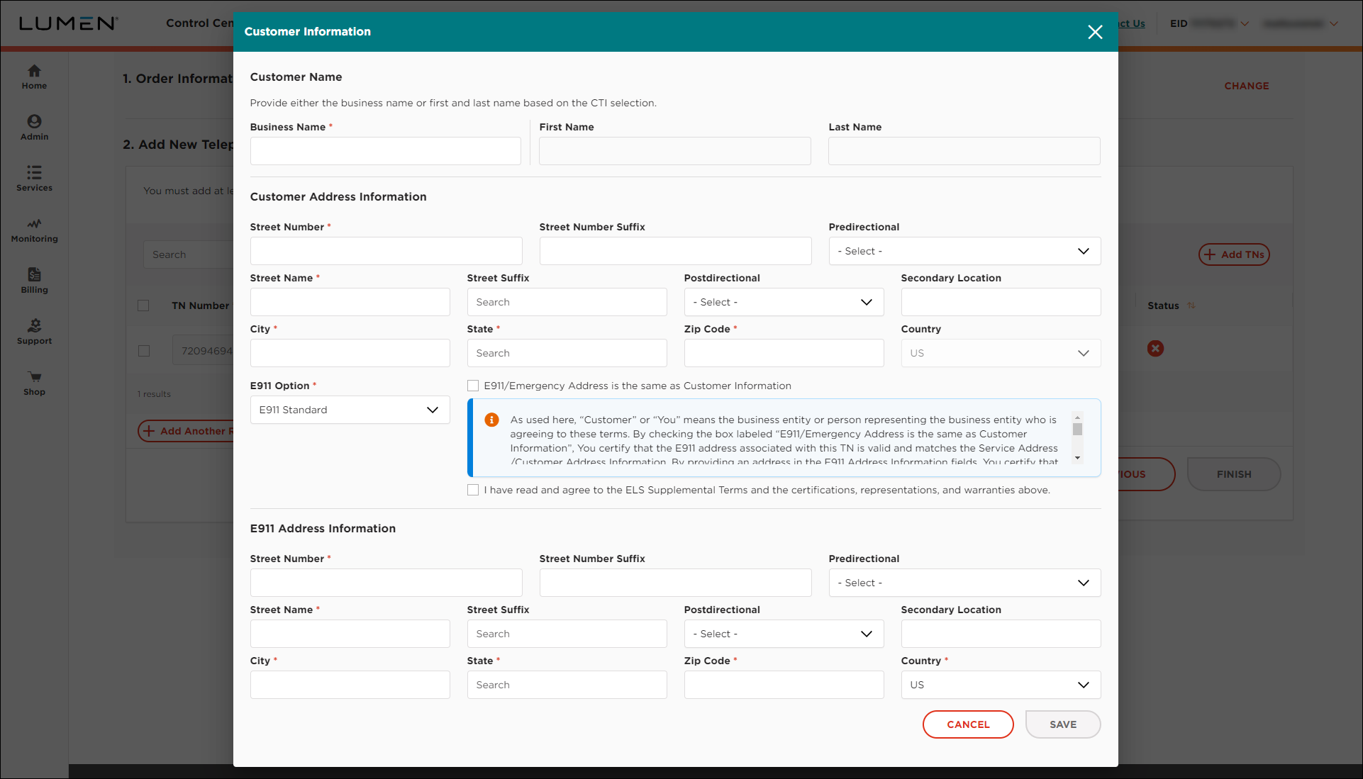 Voice Native & LNP Ordering (showing Customer Information window)