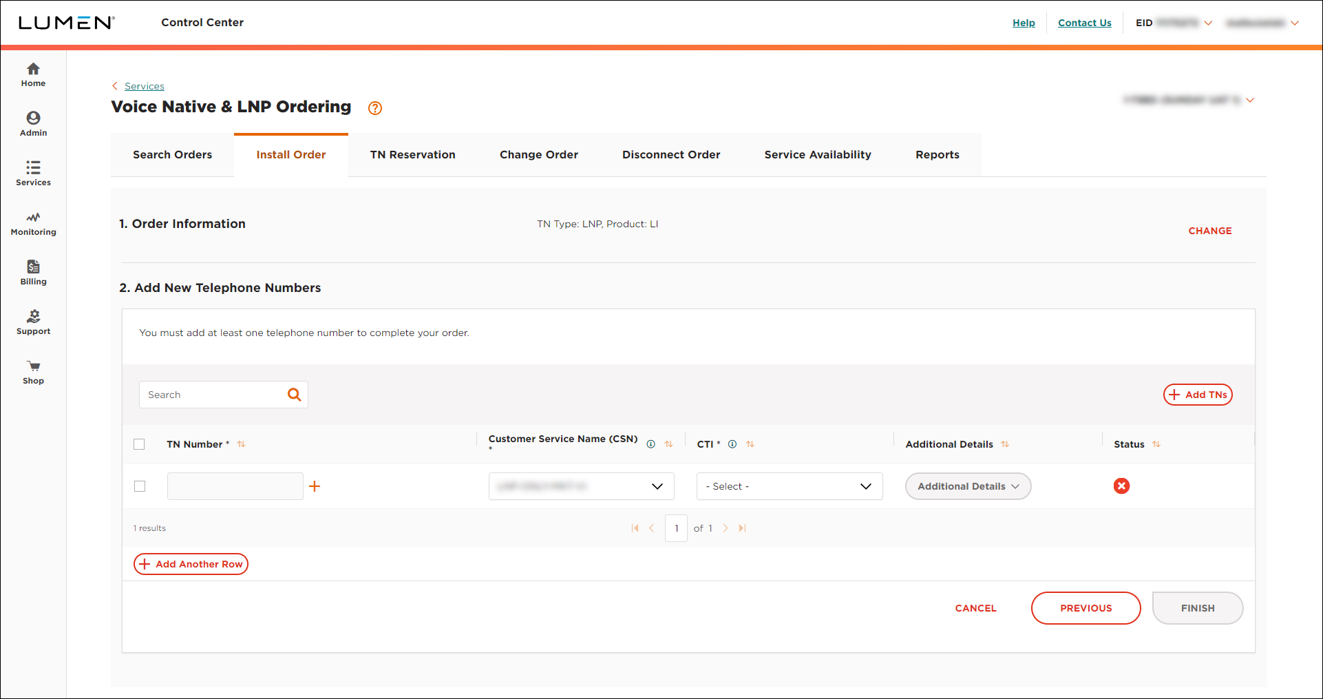 Voice Native & LNP Ordering (showing Install Order tab and Add New Telephone Numbers section for LNP LI)