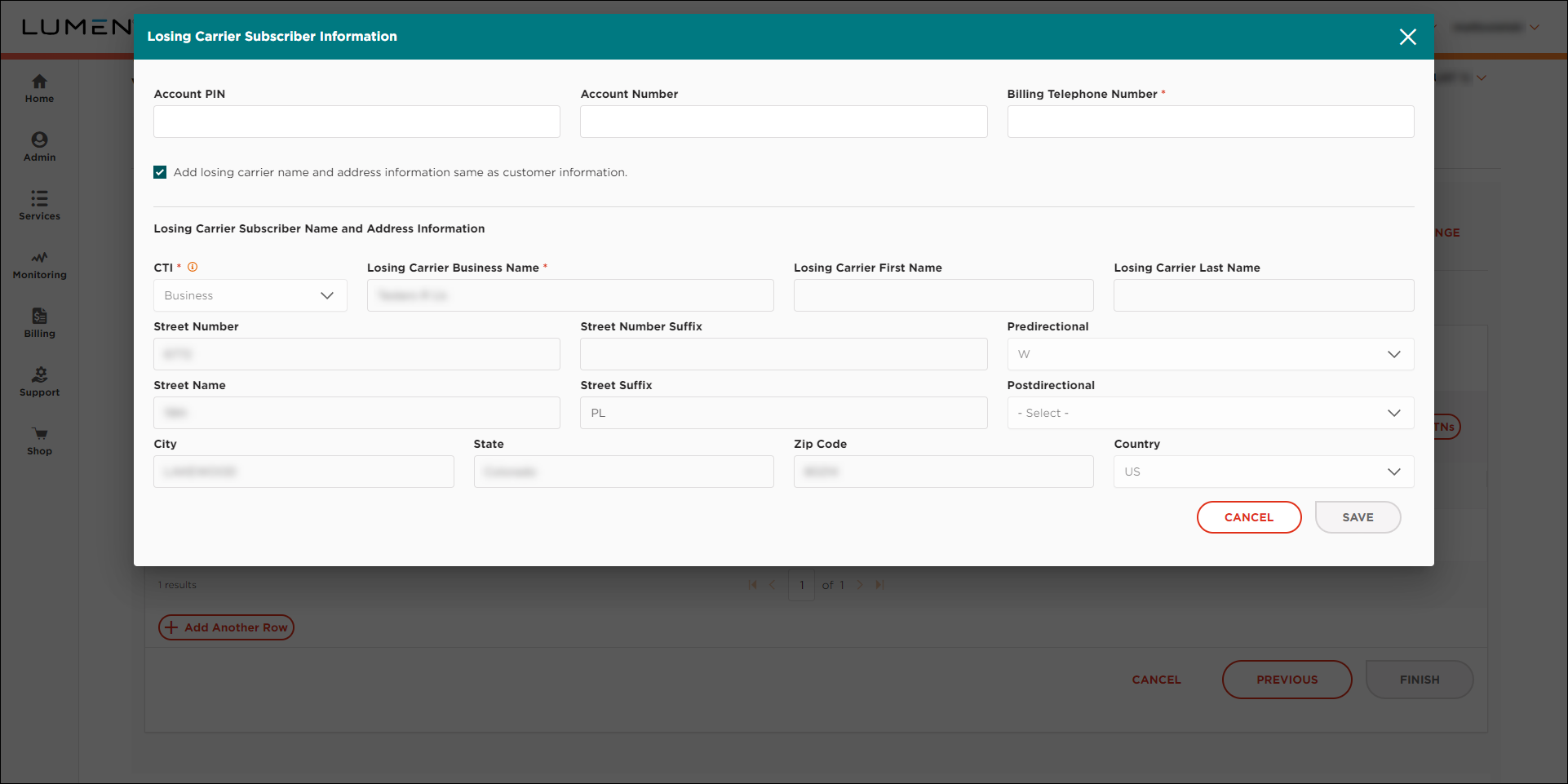 Voice Native & LNP Ordering (showing Losing Carrier Subscriber Information window)