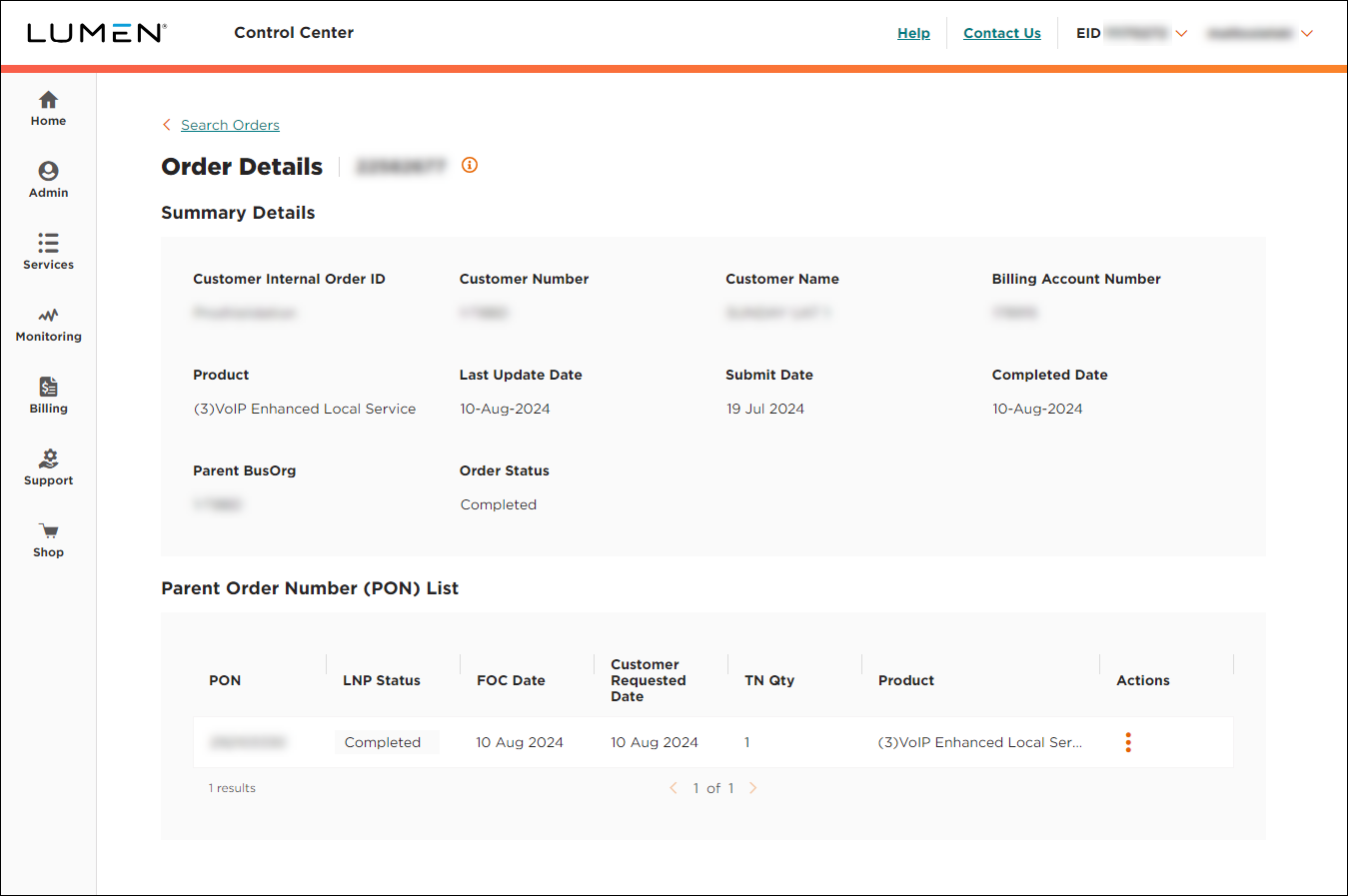 Voice Native & LNP Ordering (showing ELS order details)