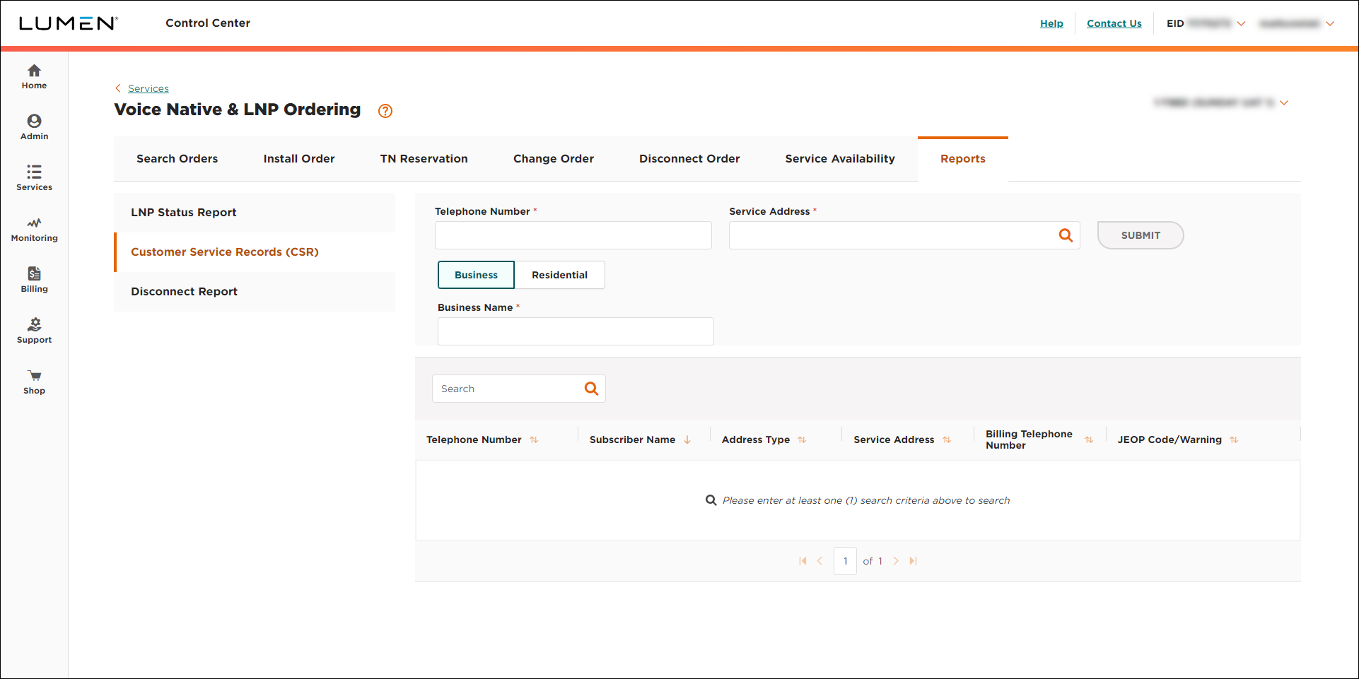 Voice Native & LNP Ordering (showing Reports tab and Customer Service Records subtab)