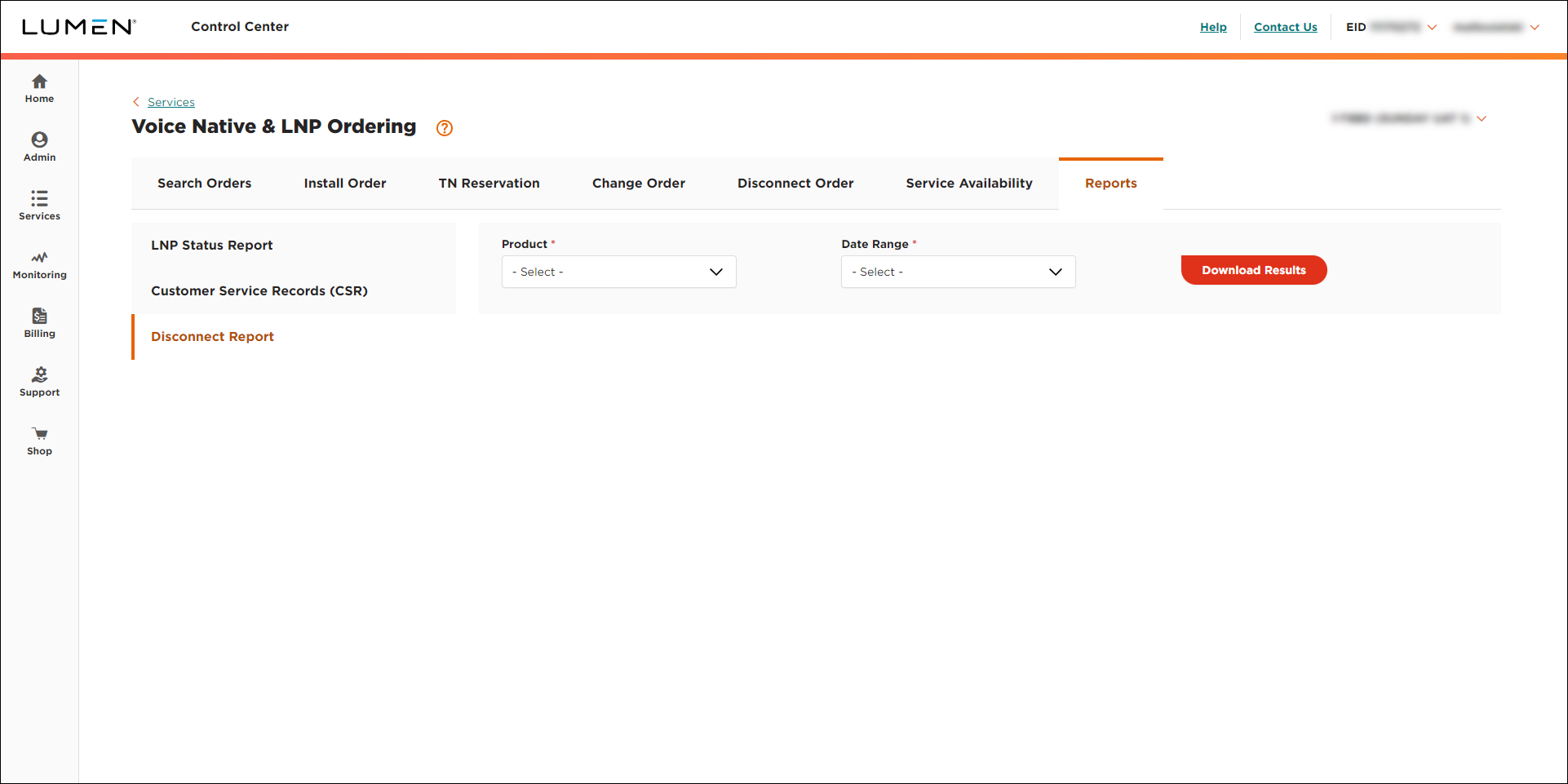 Voice Native & LNP Ordering (showing Reports tab and Disconnect Report subtab)