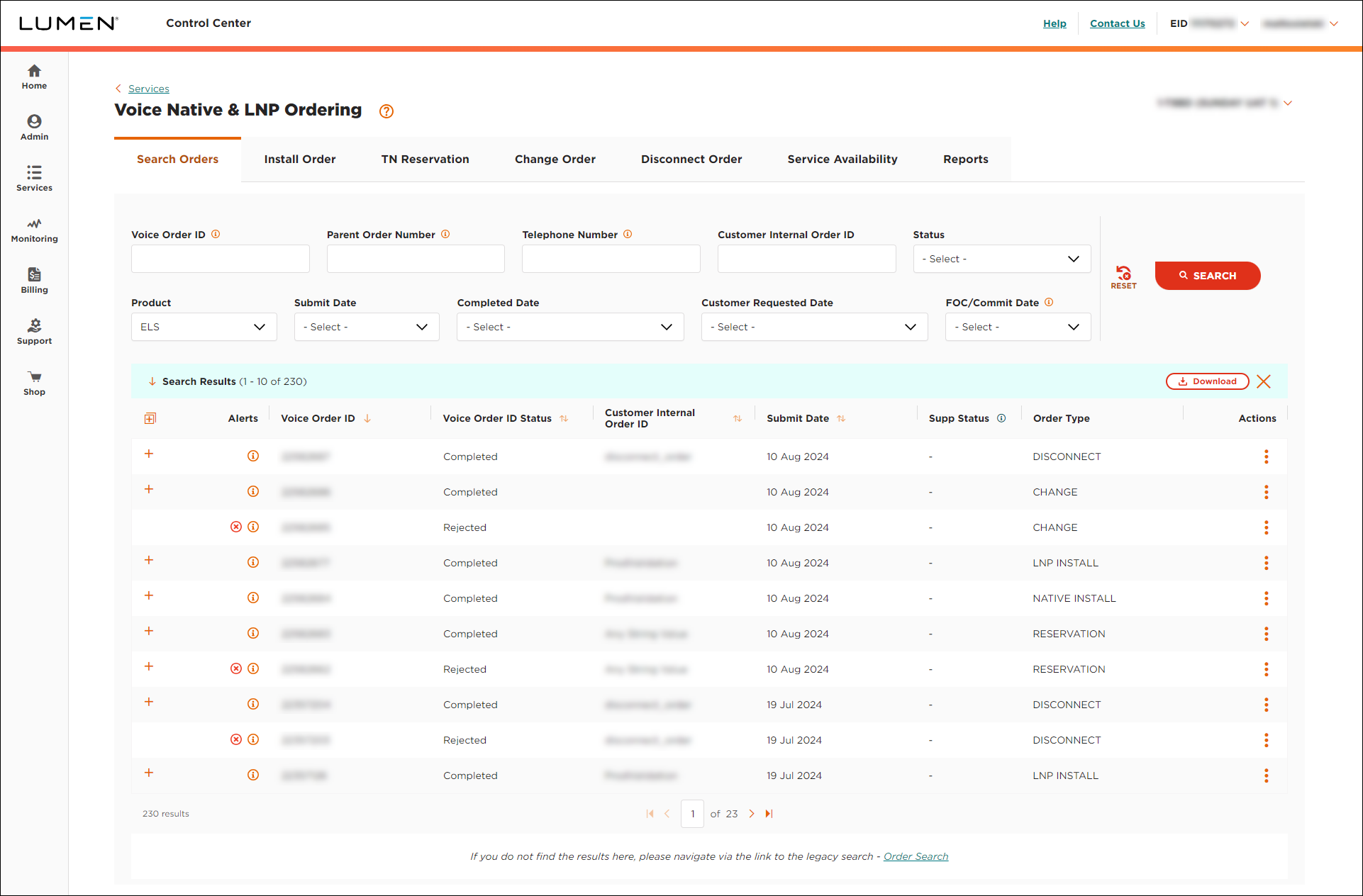 Voice Native & LNP Ordering (showing order details)