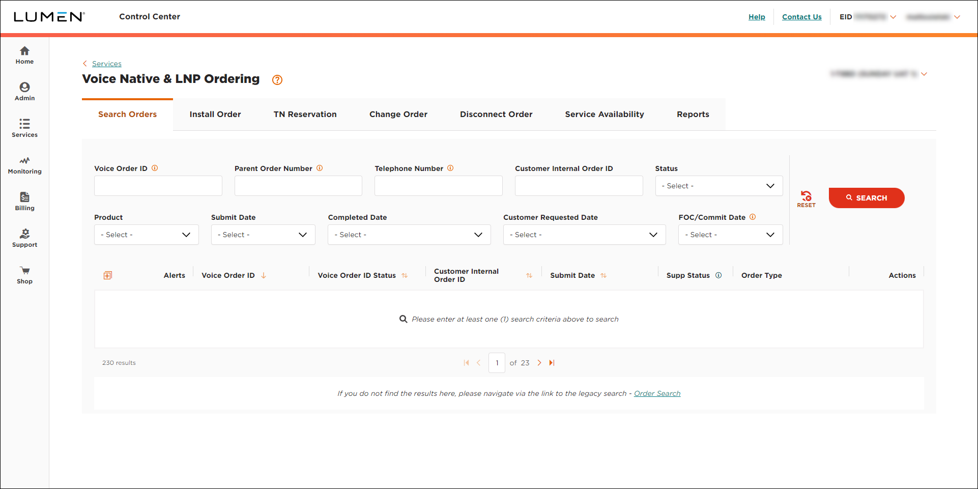 Voice Native & LNP Ordering (showing Search Orders tab)