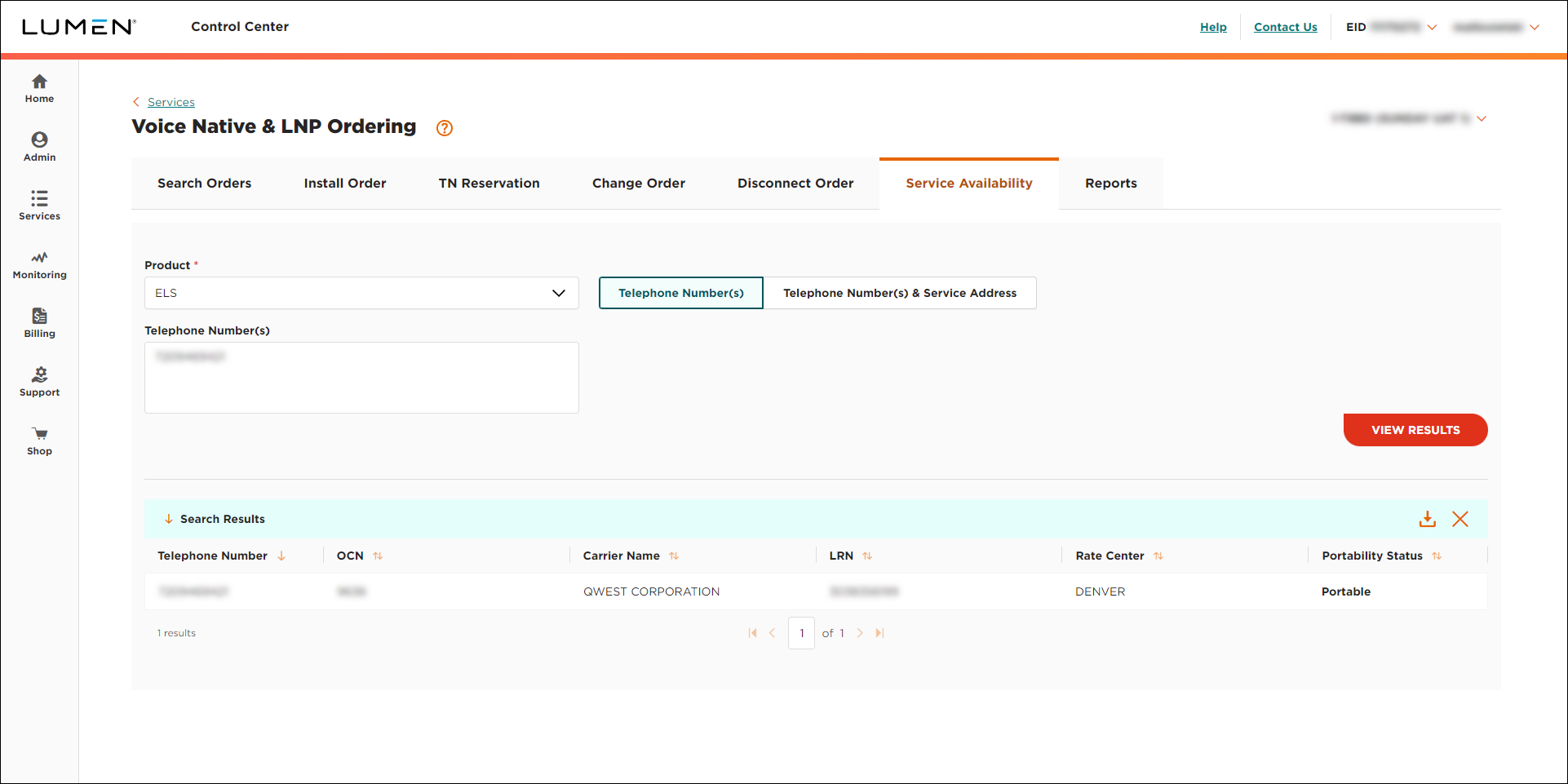 Voice Native & LNP Ordering (showing Service Availability tab and ELS selected showing portability results)