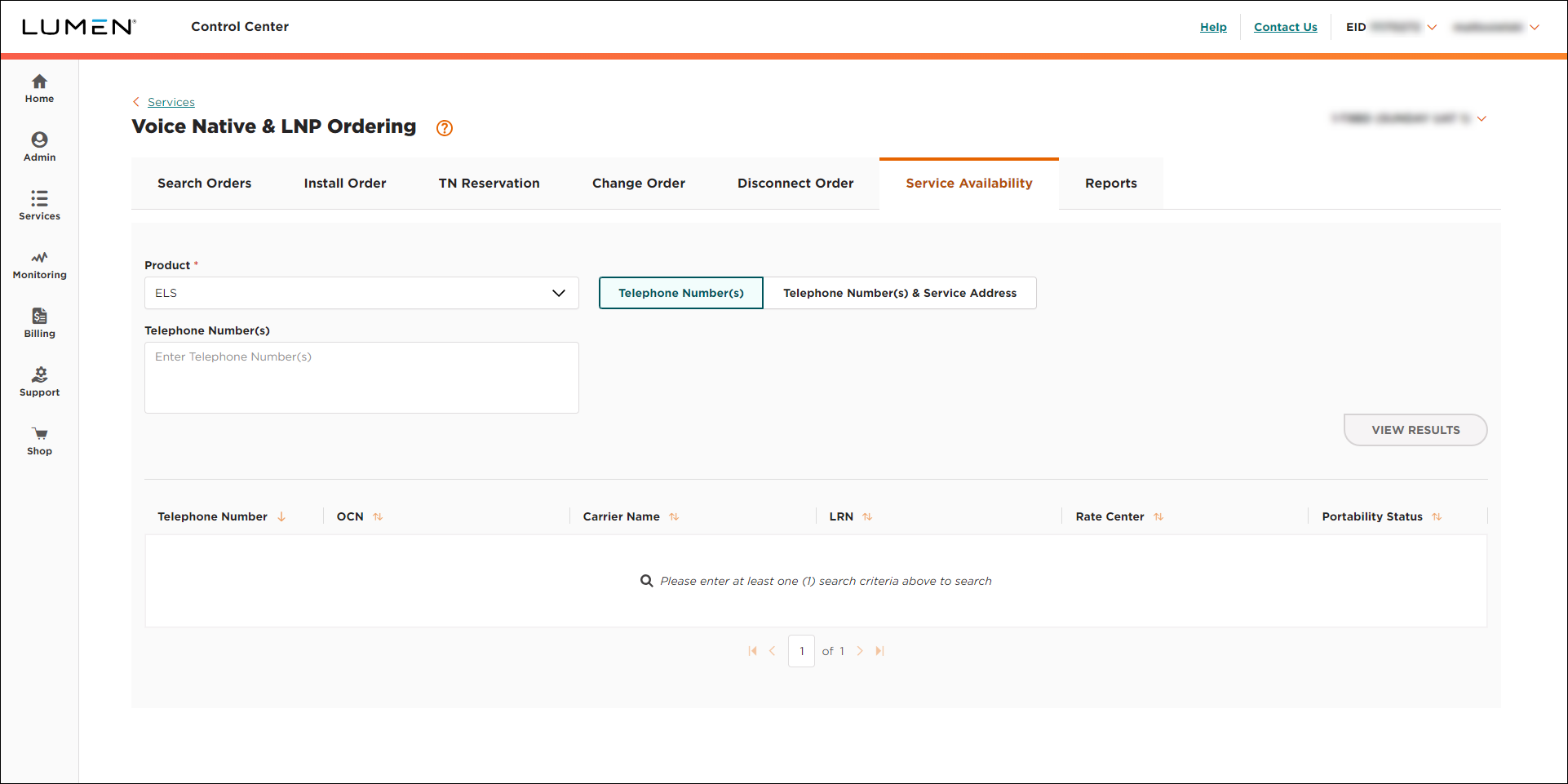 Voice Native & LNP Ordering (showing Service Availability tab and ELS selected)