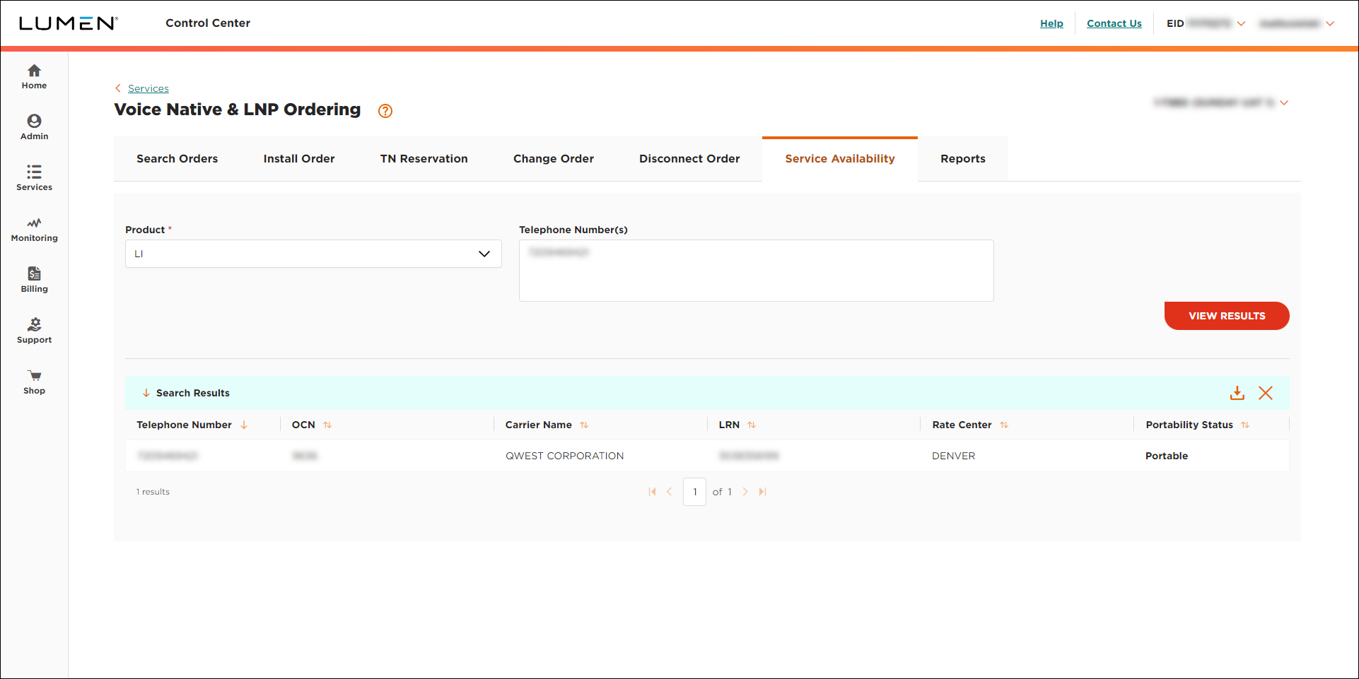 Voice Native & LNP Ordering (showing Service Availability tab and LI selected showing portability results)