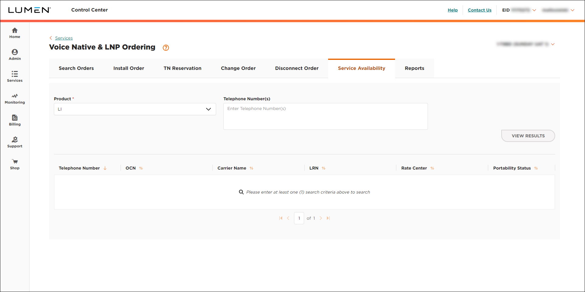 Voice Native & LNP Ordering (showing Service Availability tab and LI selected)