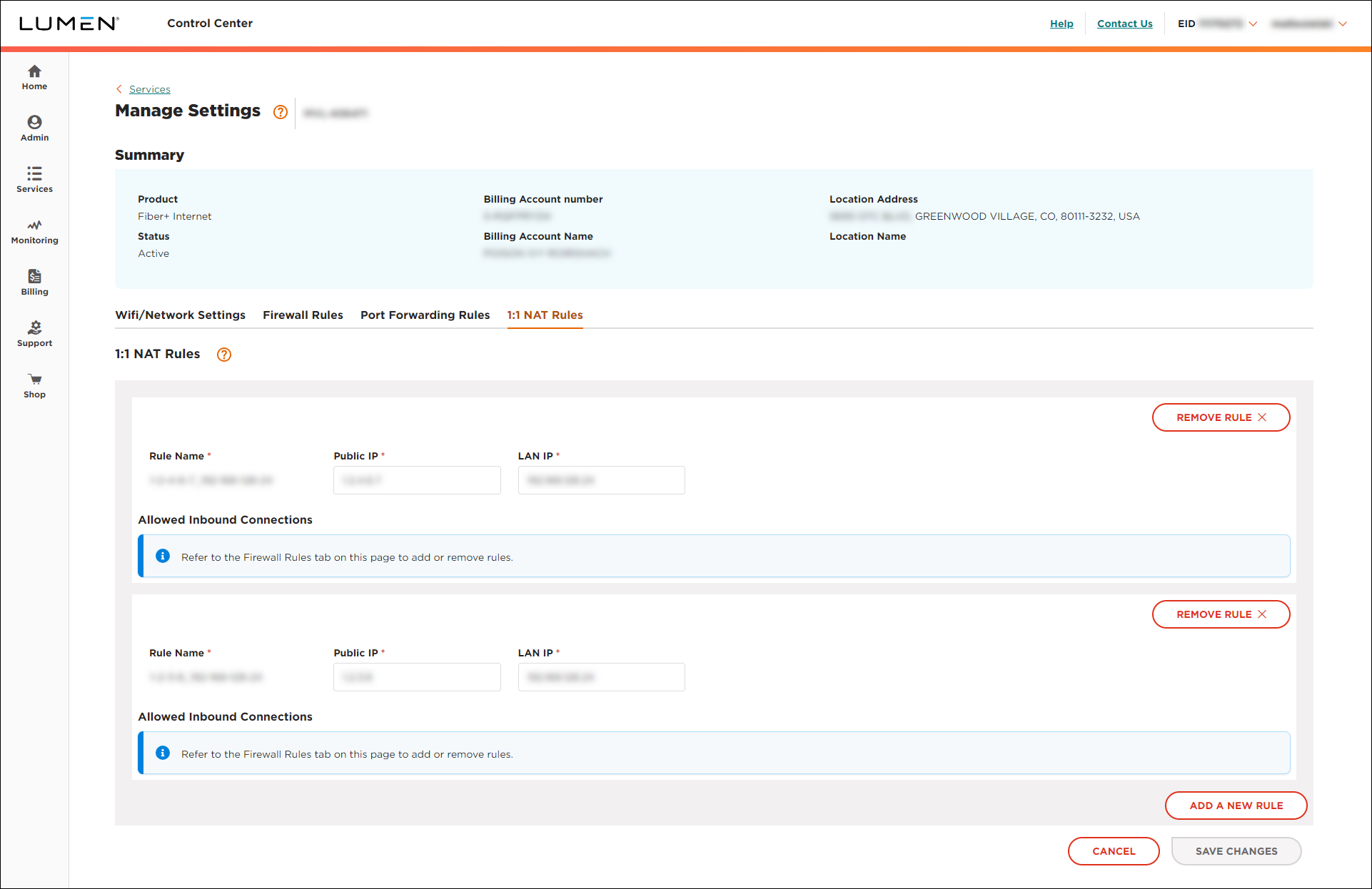 Manage Settings (showing 1:1 NAT Rules tab)