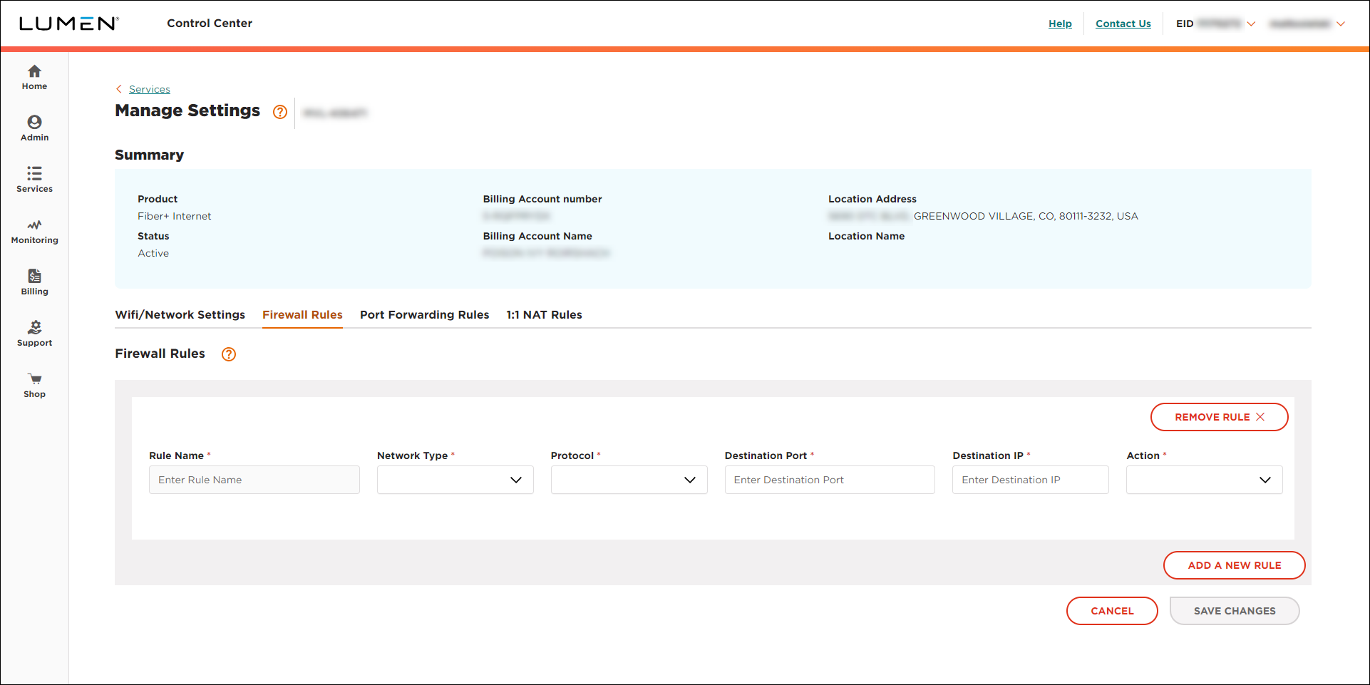 Manage Settings (showing Firewall Rules tab)