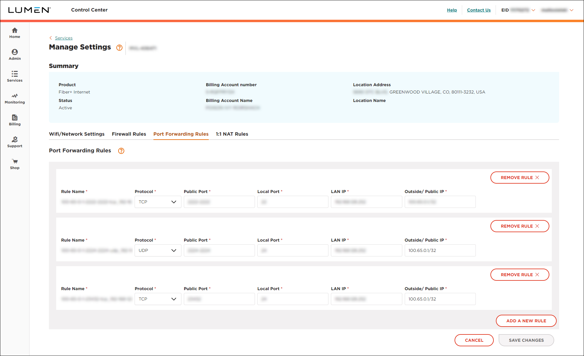 Manage Settings (showing Port Forwarding Rules tab)