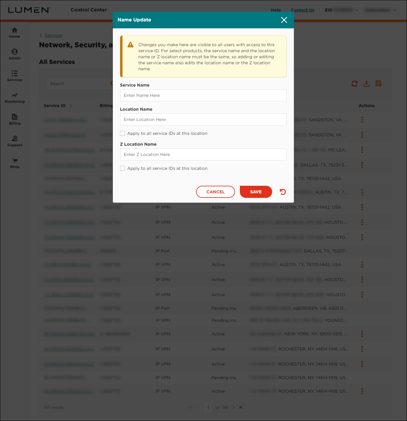 Network, Security, and Communications (showing Name Update box)