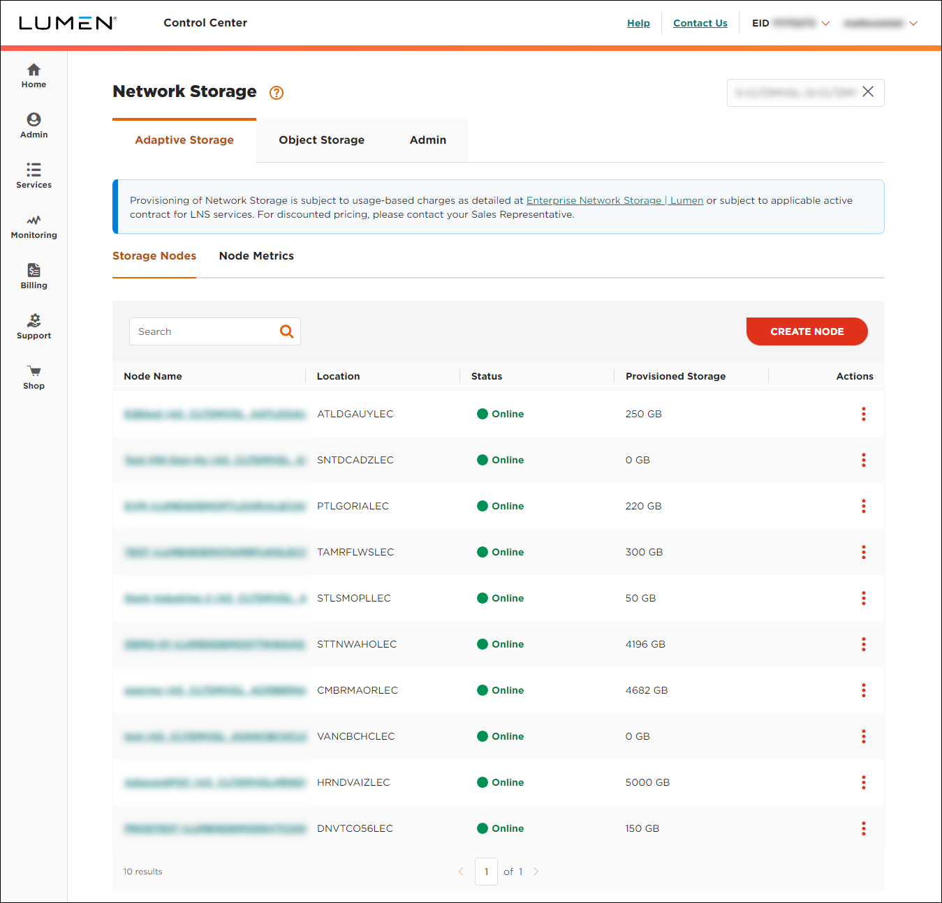 Network Storage (showing Adaptive Storage tab and Storage Nodes subtab)