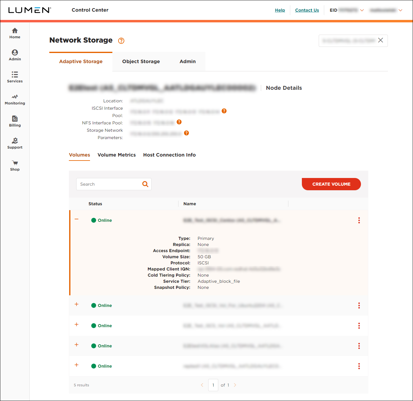 Node Details (showing Volumes subtab and volume detail)