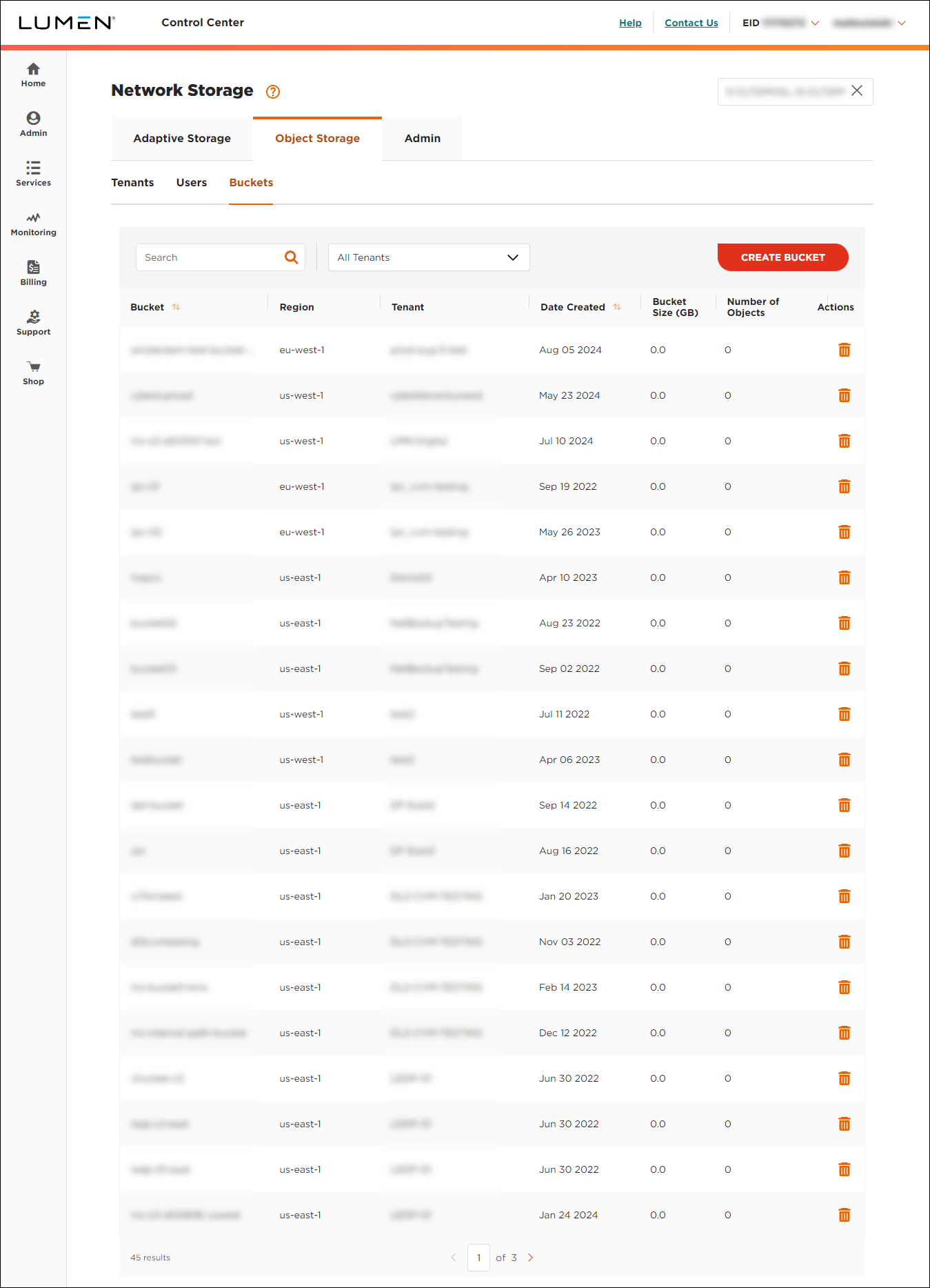 Object Storage (showing Buckets subtab)