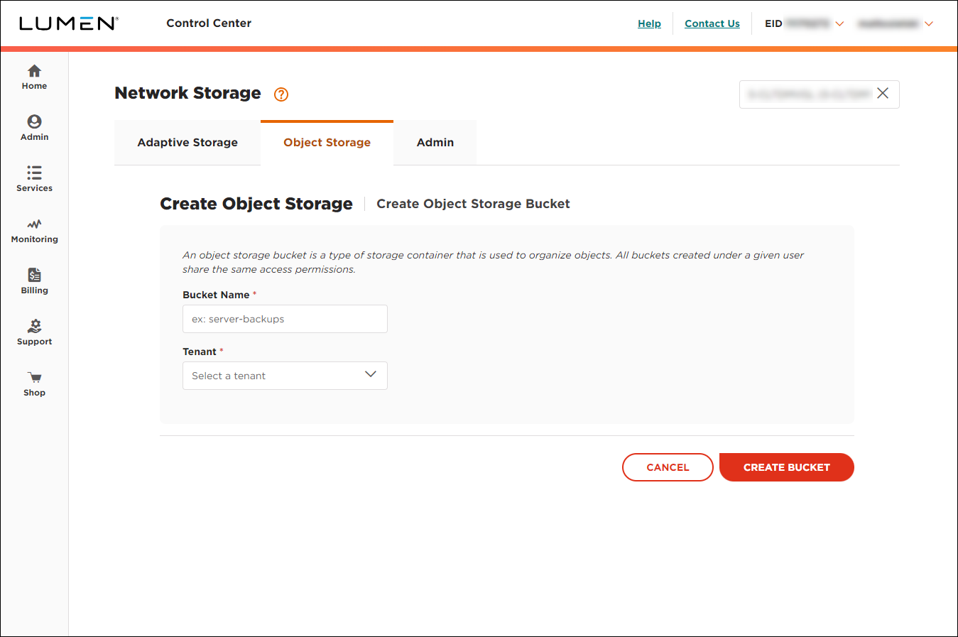 Object Storage (showing Create Bucket)