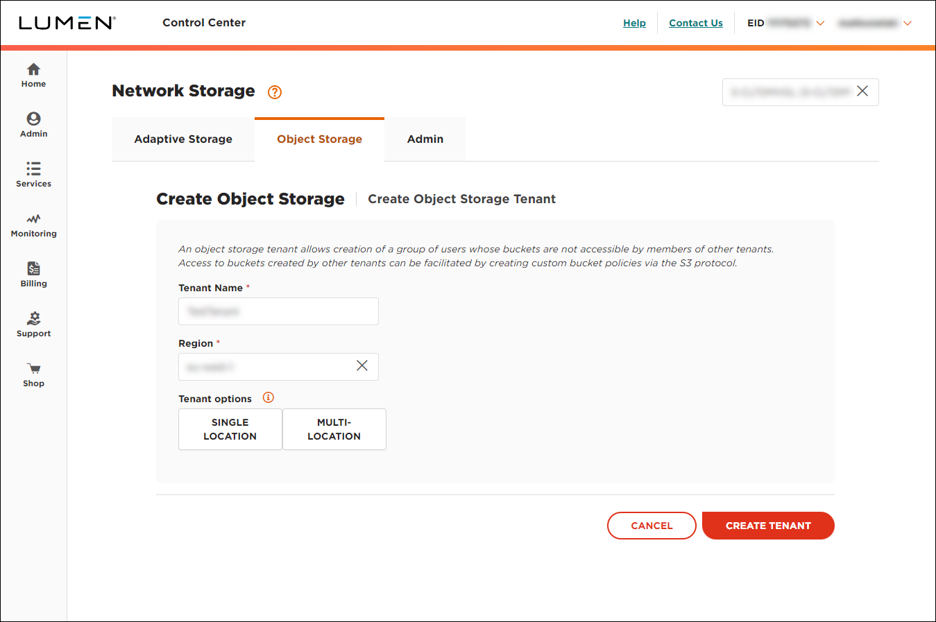 Object Storage (showing Create Tenant with region selected)