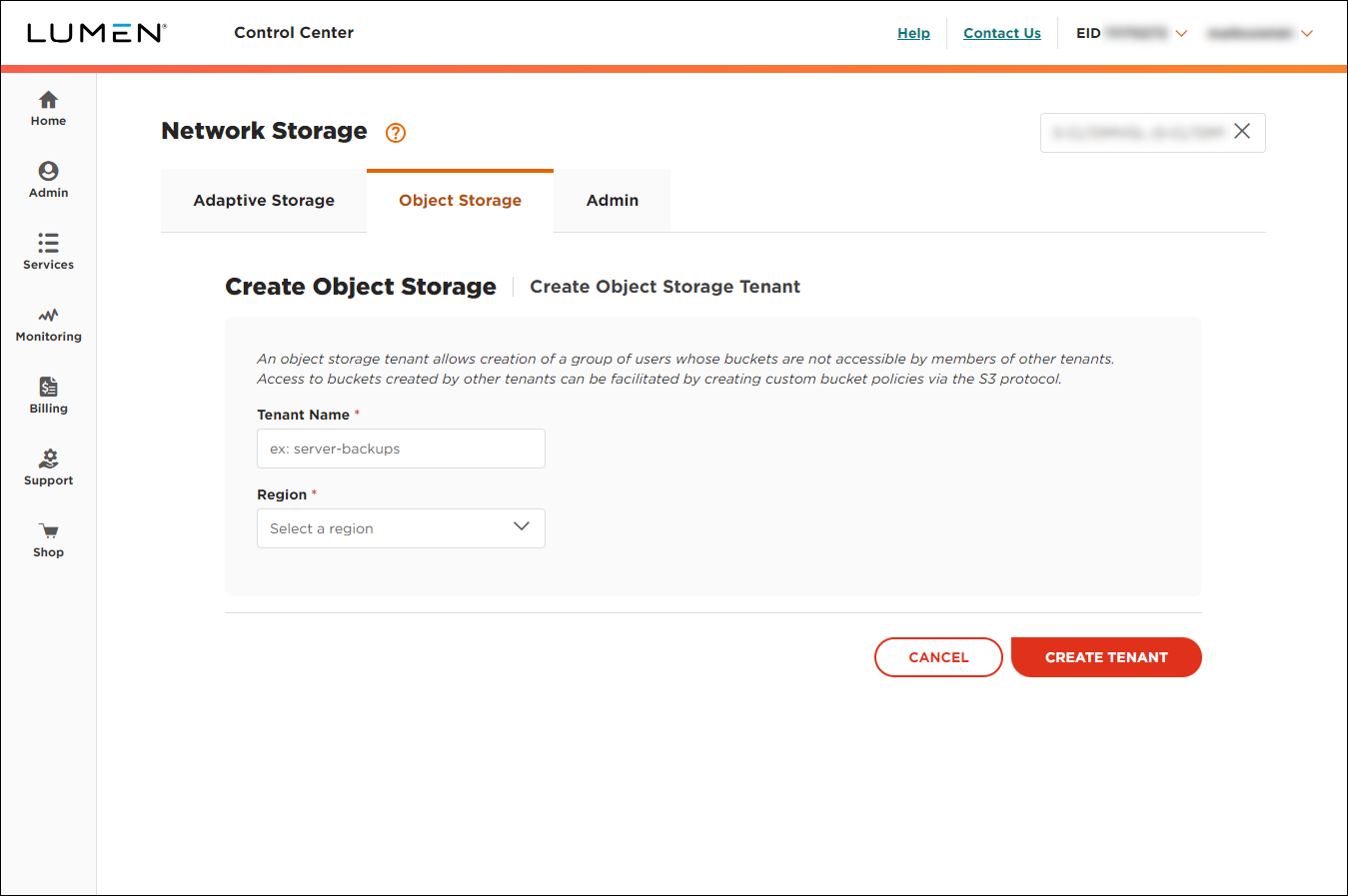 Object Storage (showing Create Tenant)