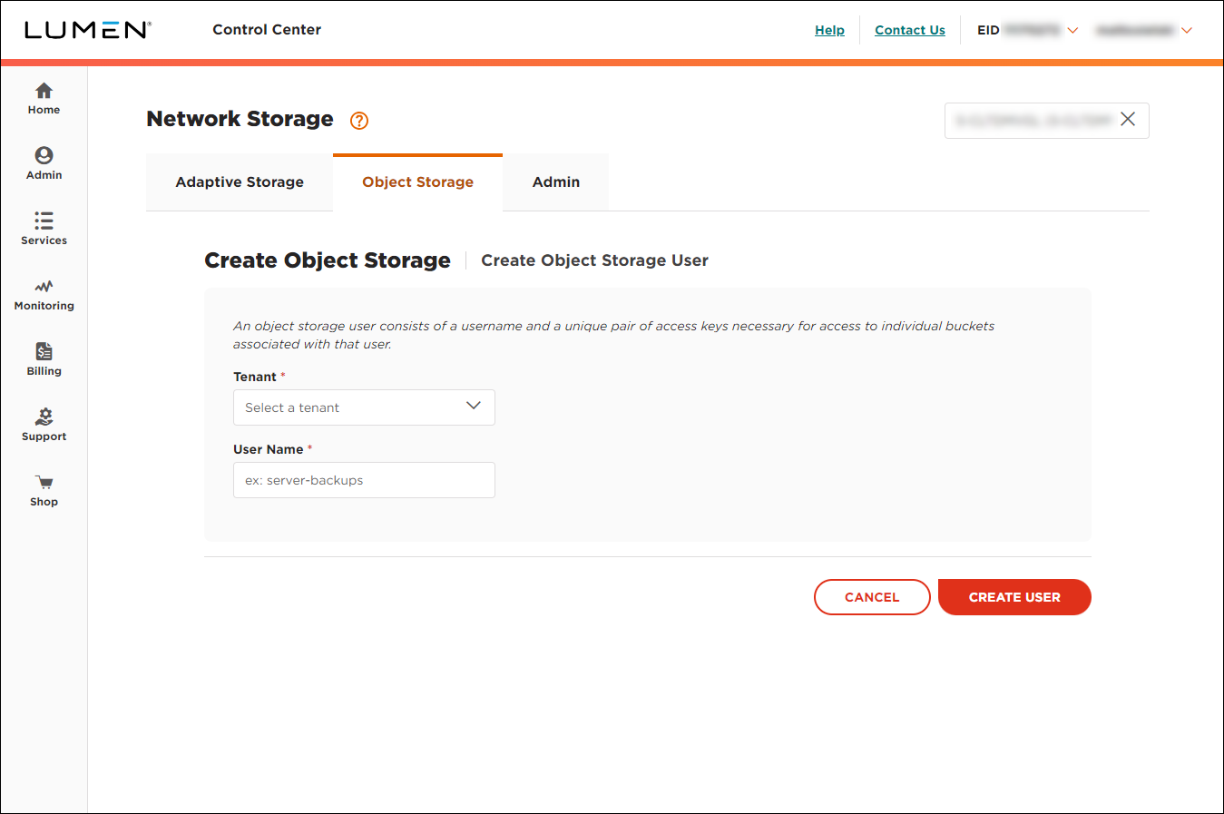 Object Storage (showing Create User)