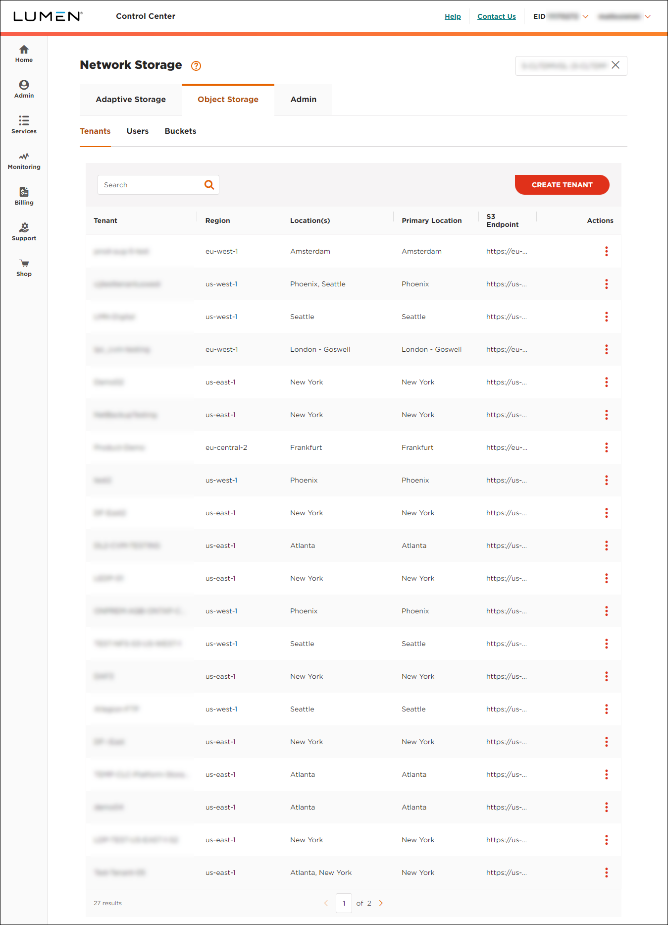 Object Storage (showing Tenants subtab)