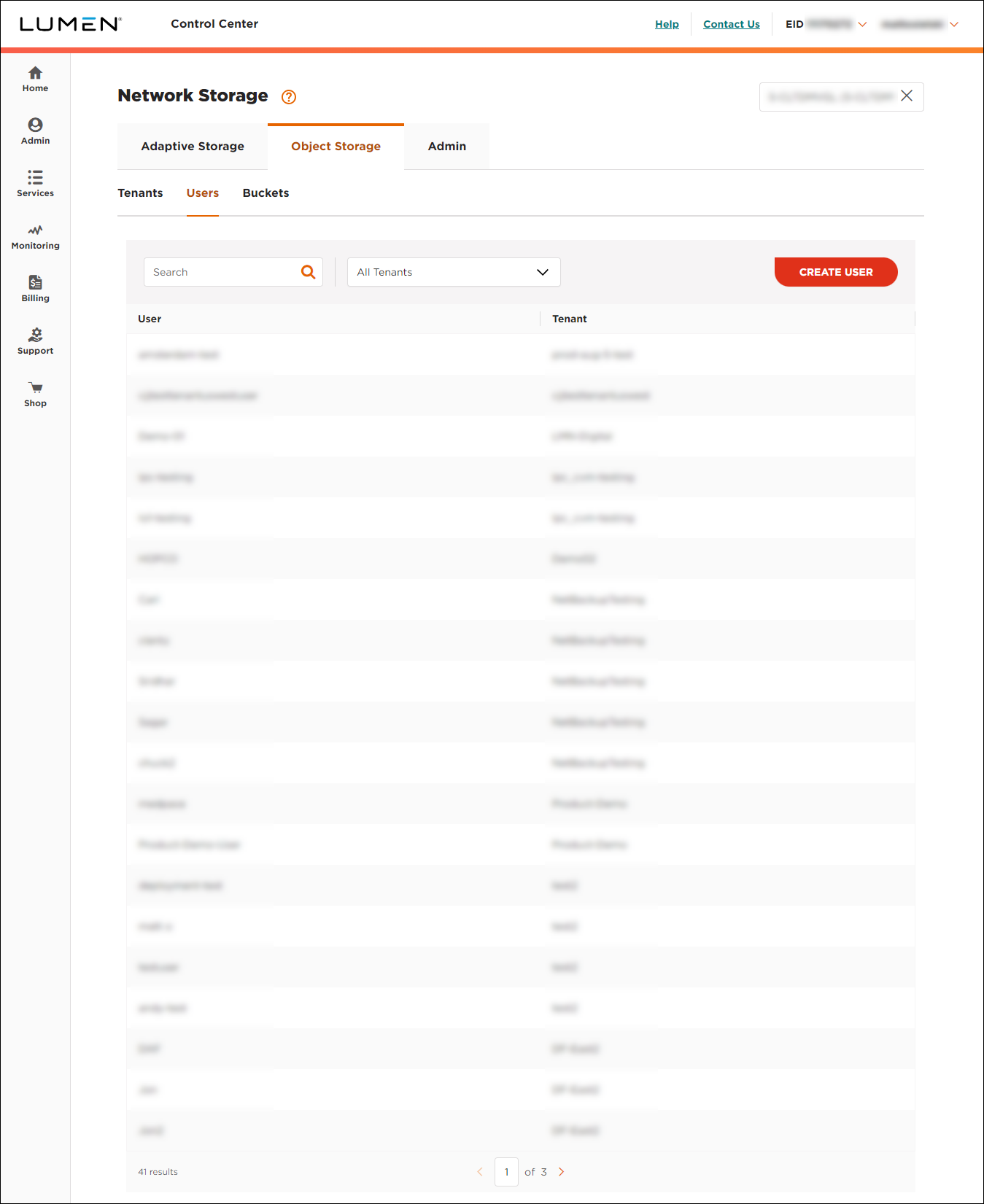 Object Storage (showing Users subtab)