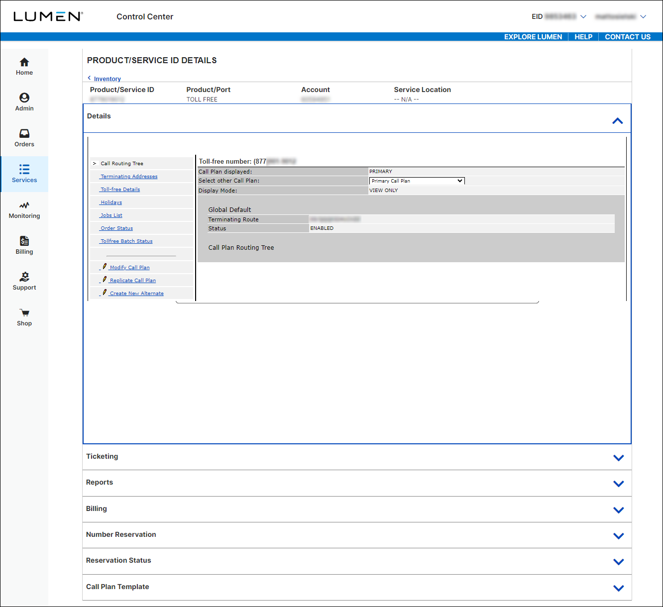 Product/Service ID Details (showing Toll Free View/Modify Call Plan)