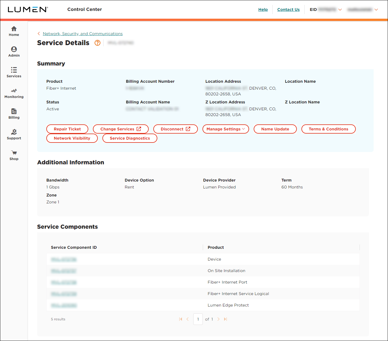 Service Details (showing Fiber+ Internet service detail)