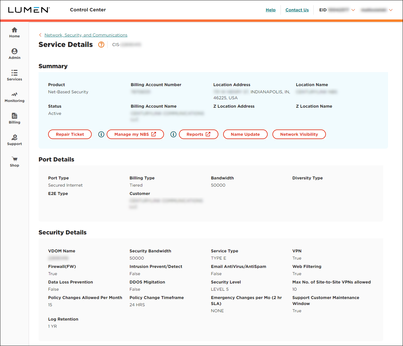 Service Details (showing Network-based Security service detail)