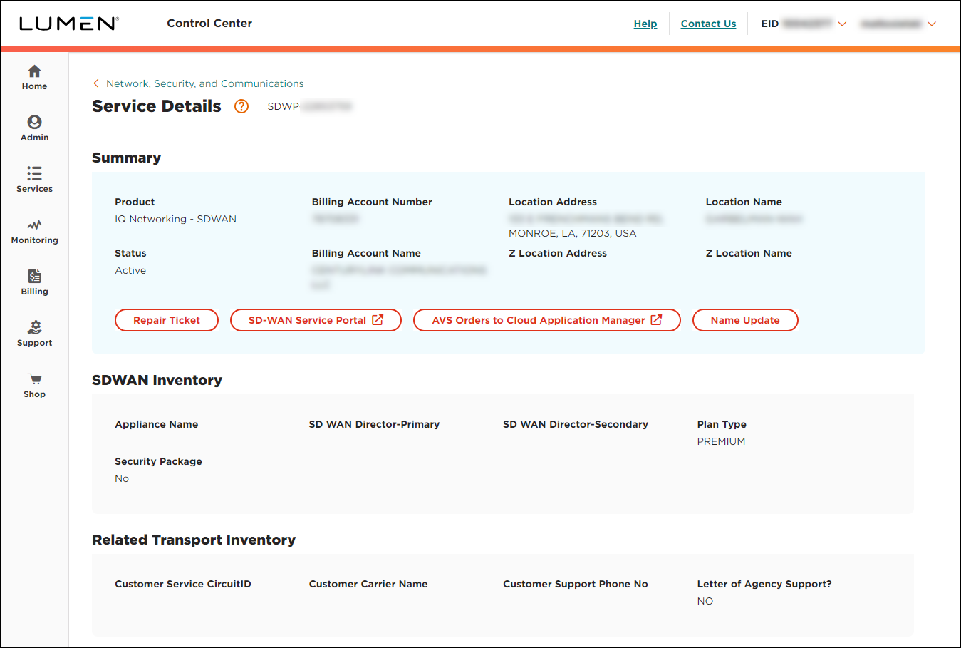 Service Details (showing Lumen SD-WAN with Versa Networks service detail)