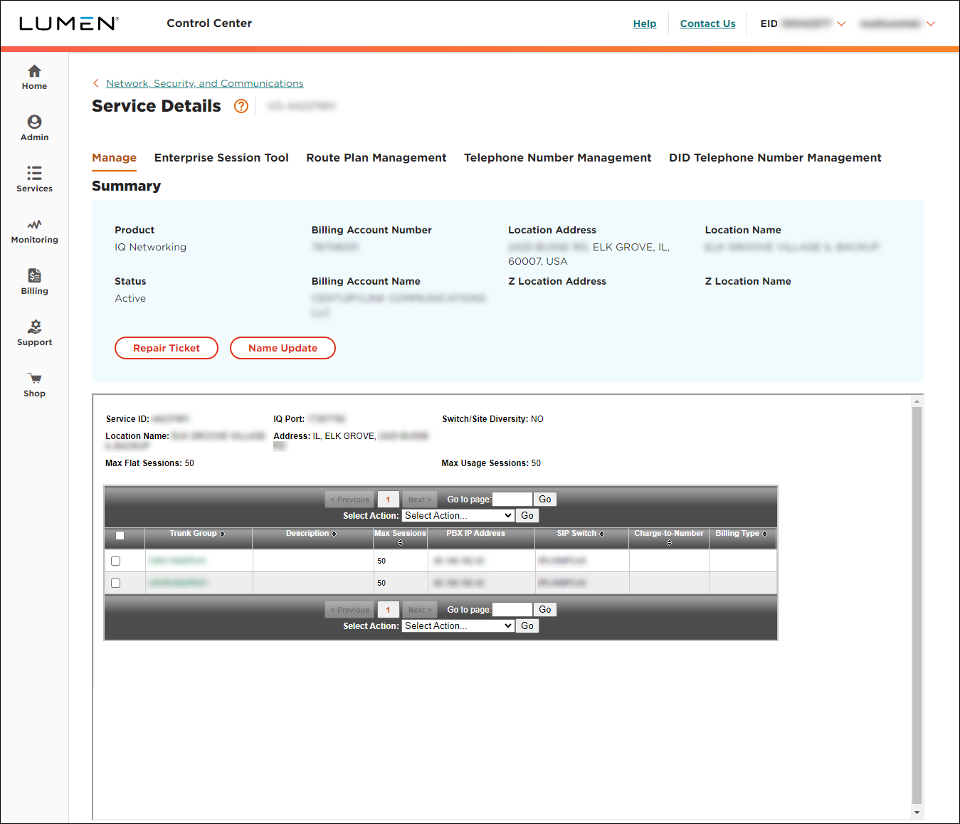 Service Details (showing SIP trunk service detail)