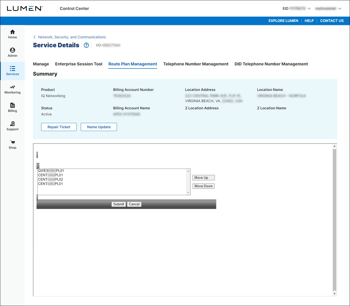 Service Details for SIP trunk service (showing Route Plan Management tab and hunt sequence)