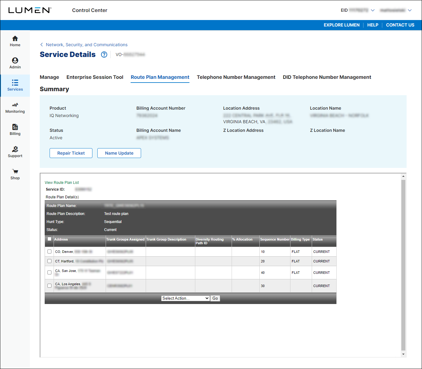 SIP Trunking service details (showing Route Plan Management tab and route plan details)