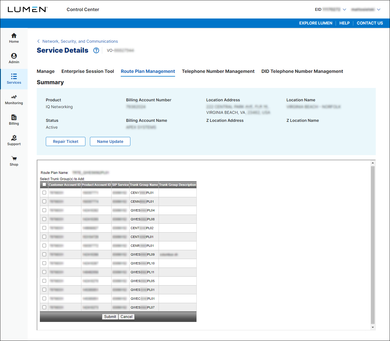 Service Details for SIP trunk service (showing Route Plan Management tab and available trunk groups)