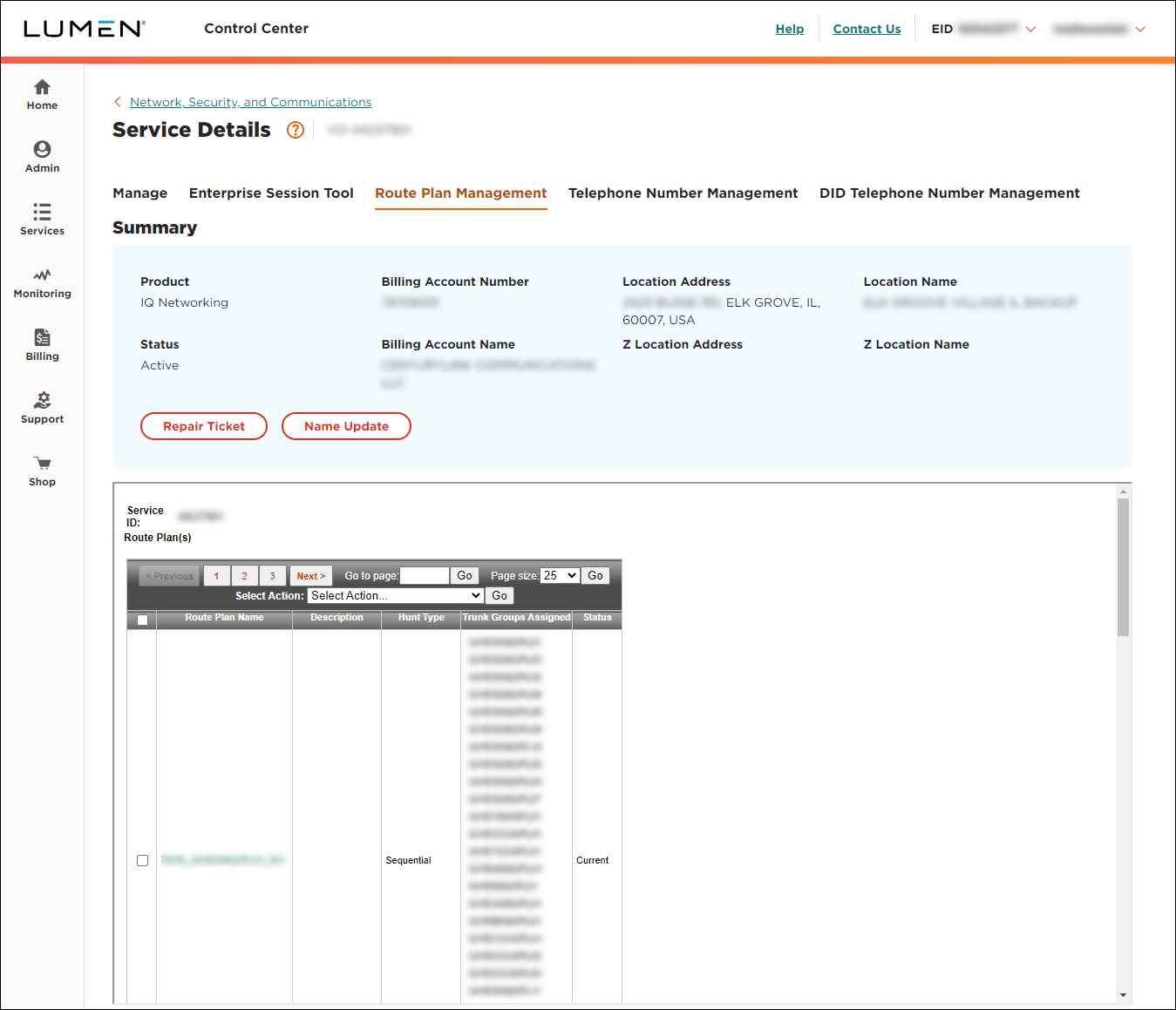 SIP Trunking service details (showing Route Plan Management tab)