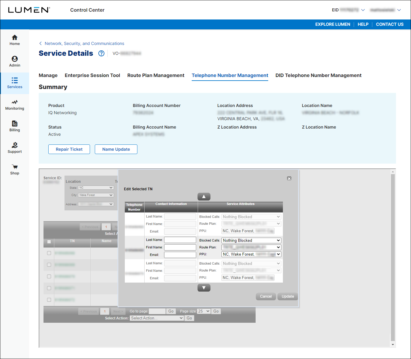 Service Details for SIP trunk service (showing Telephone Number Management tab and phone number details)