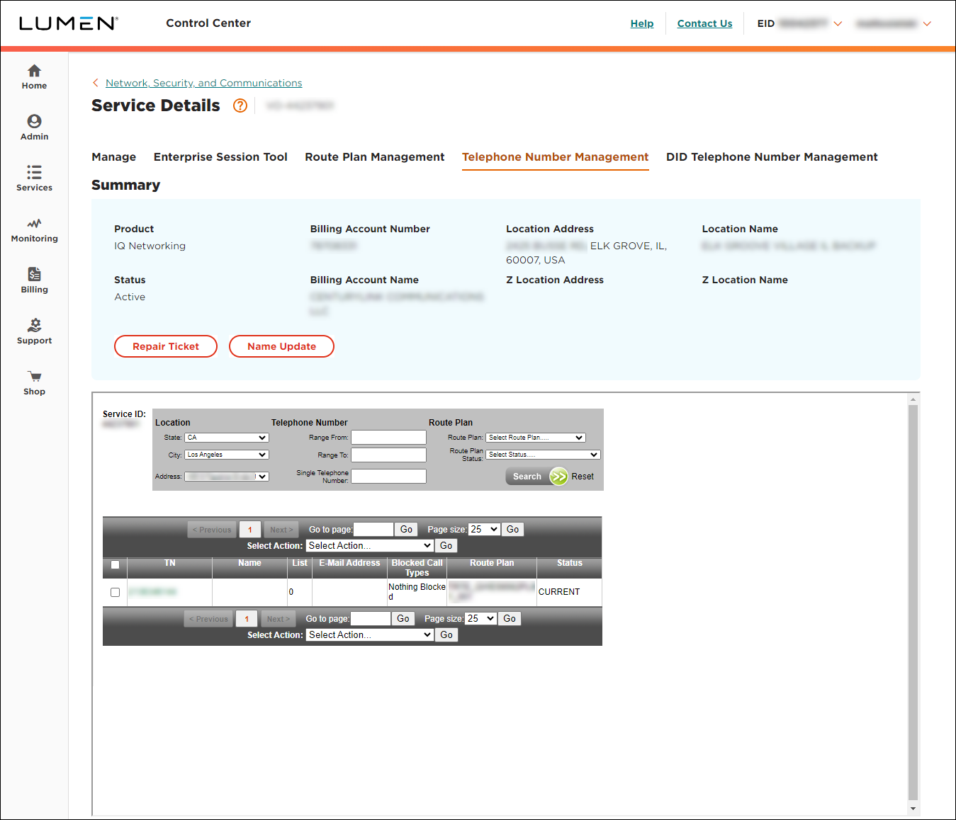 SIP Trunking service details (showing Telephone Number Management tab)